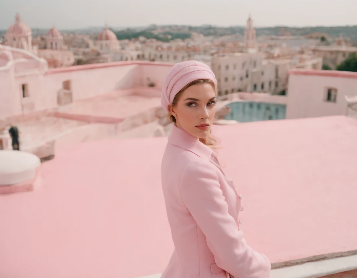 8k video clip of a 1960s science fiction film by Wes Anderson, Vogue anos 1960, pink pastel colors, old futuristuc city disco on rooftop and old ornaments with mechanical pets in town, Luz Natural, Psicodelia, futurista estranho, fotorrealista, hiper detalhado, foco nítido, Intrinsic, Fuji filmes 55mm,