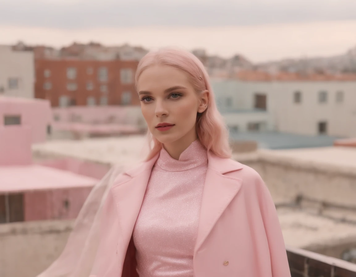 8k video clip of a 1960s science fiction film by Wes Anderson, Vogue anos 1960, pink pastel colors, old futuristuc city disco on rooftop  and old ornaments with mechanical pets in town, Luz Natural, Psicodelia, futurista estranho, fotorrealista, hiper detalhado, foco nítido, Intrinsic, Fuji filmes 55mm,