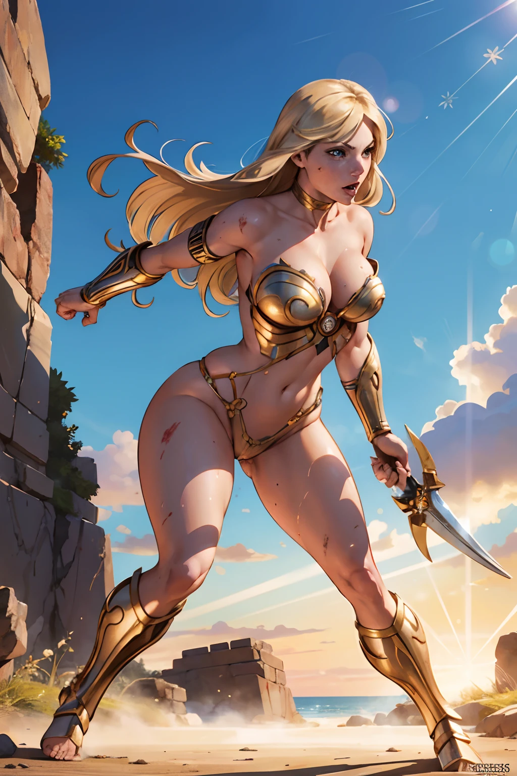 DC Comics, Eloise Mumford, by Frank cho and HR Geiger, (sexy), action shot of the scandalous and flirty Amazon queen Penthesilea fighting in Troy, blood splashes, perfect fit body, full body, lots of feminity, muse, stunning, intricately detailed, unreal engine, octane render, epic sunlight, dirty armor, nearly naked