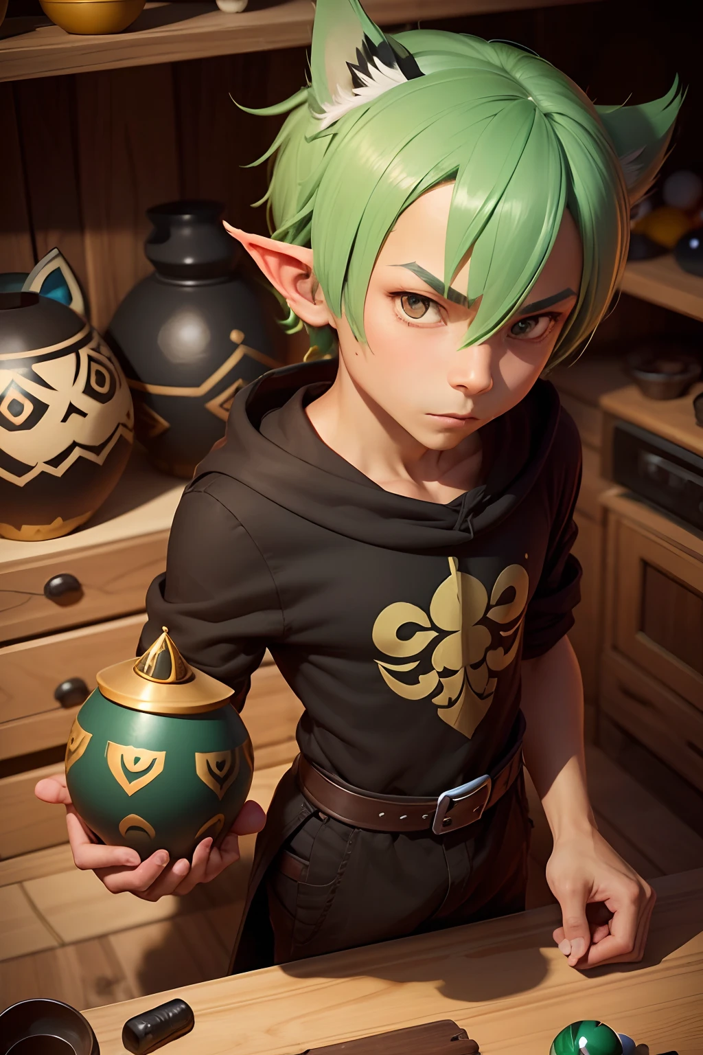 a young man from wakfu, a master, carves a toy out of ebony, a matryoshka doll,