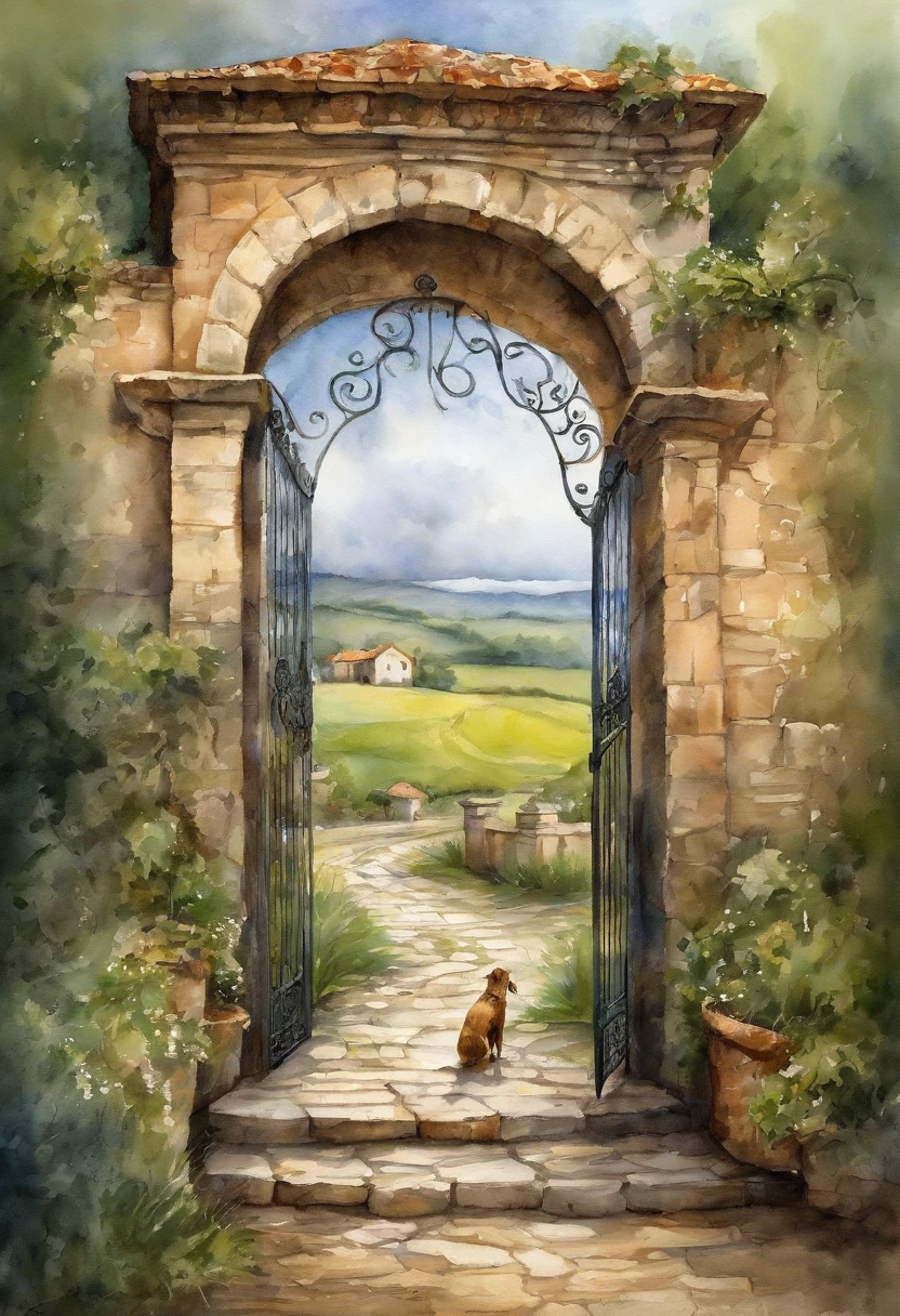 extremely detailed hand-drawn art, 8k, HDR, stone square, on the square a portal is a gateway to another world, a man-traveler with a dog are standing in front of the gate, a stormy sky, clouds are thickening, it is raining and there are puddles, outside the gate the bright sun and green grass