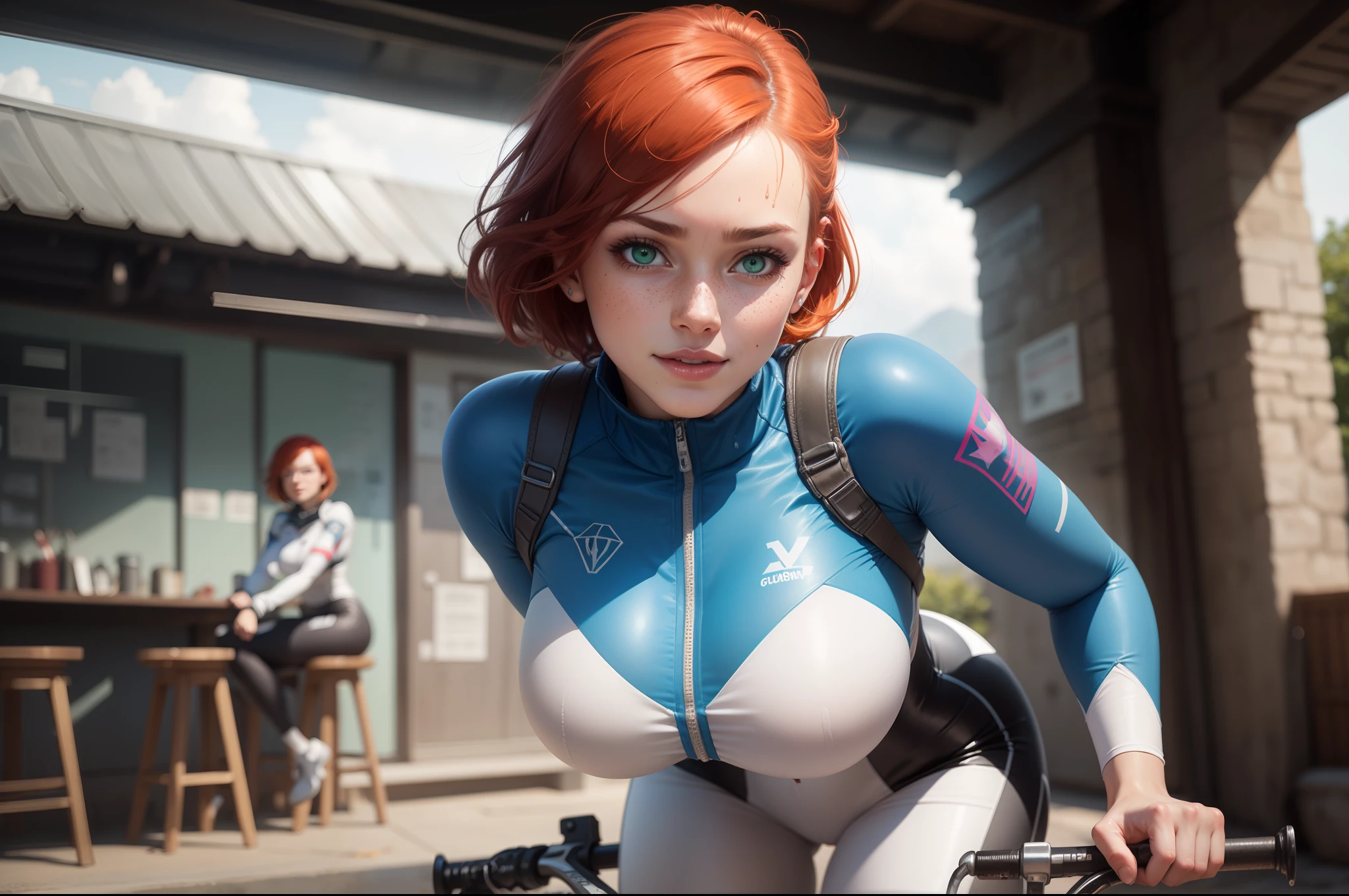 gwen tennyson,1girl,tracer,d.va,rebecca chambers,overwatch,gundam,close up,mecha pilot,mountain view,blue and silver plugsuit,hair pin,pirate corset,white long sleeve lycra top,white leggings,short hair,cute makeup,green eyes,orange and blue hair,shy smile, freckles,redhead,beautiful girl,large breasts,ultra detailed,realistic,fantasy art, cyclist jacket,riding a bicycle,wet clothes,
