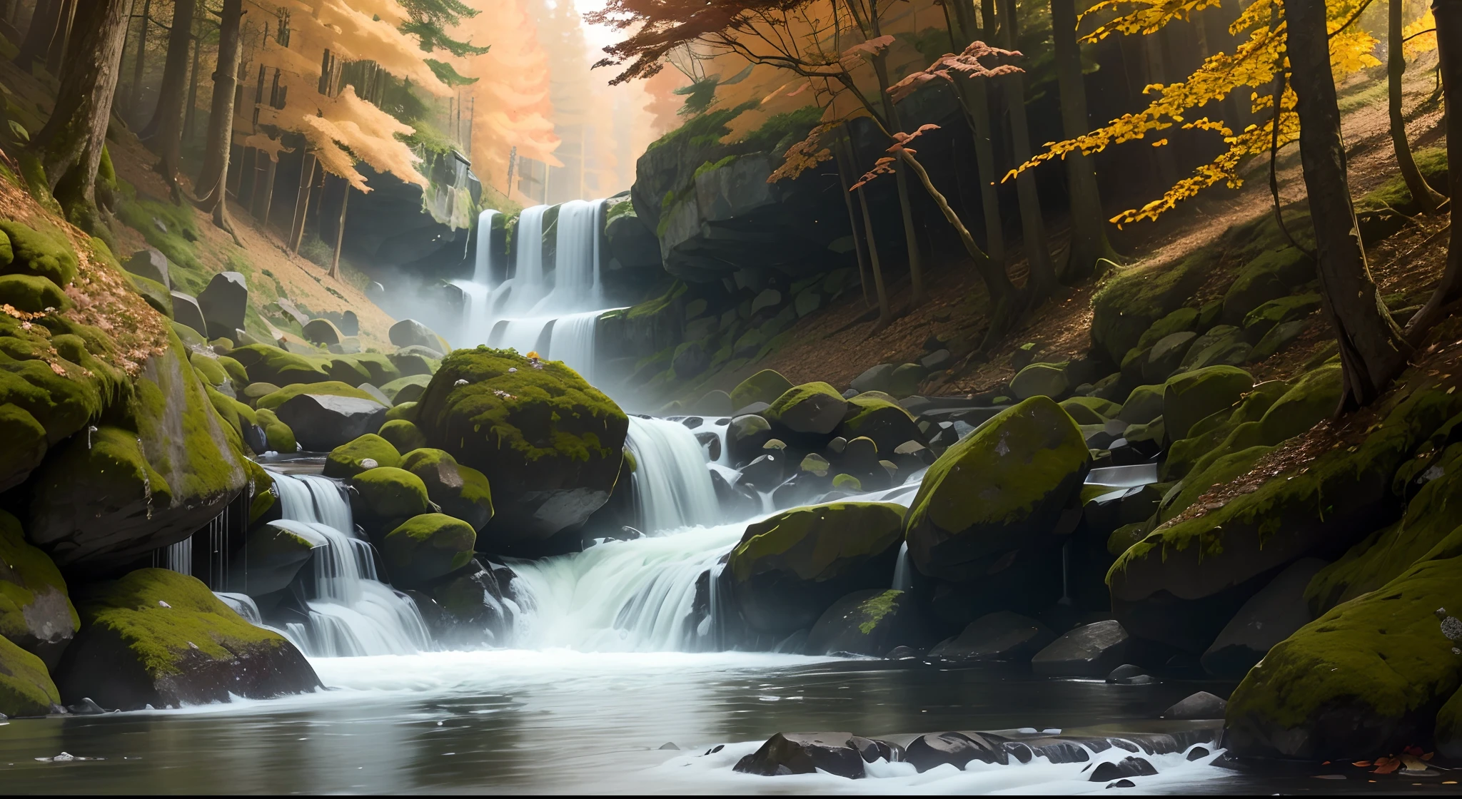 a hyper realistic fall broadleaf maple forest ((crisp highly detailed leaves)) with a rushing stream snaking through the center ((fish jumping out of the water)), a waterfall in the midground ((hiker on the top of the waterfall))