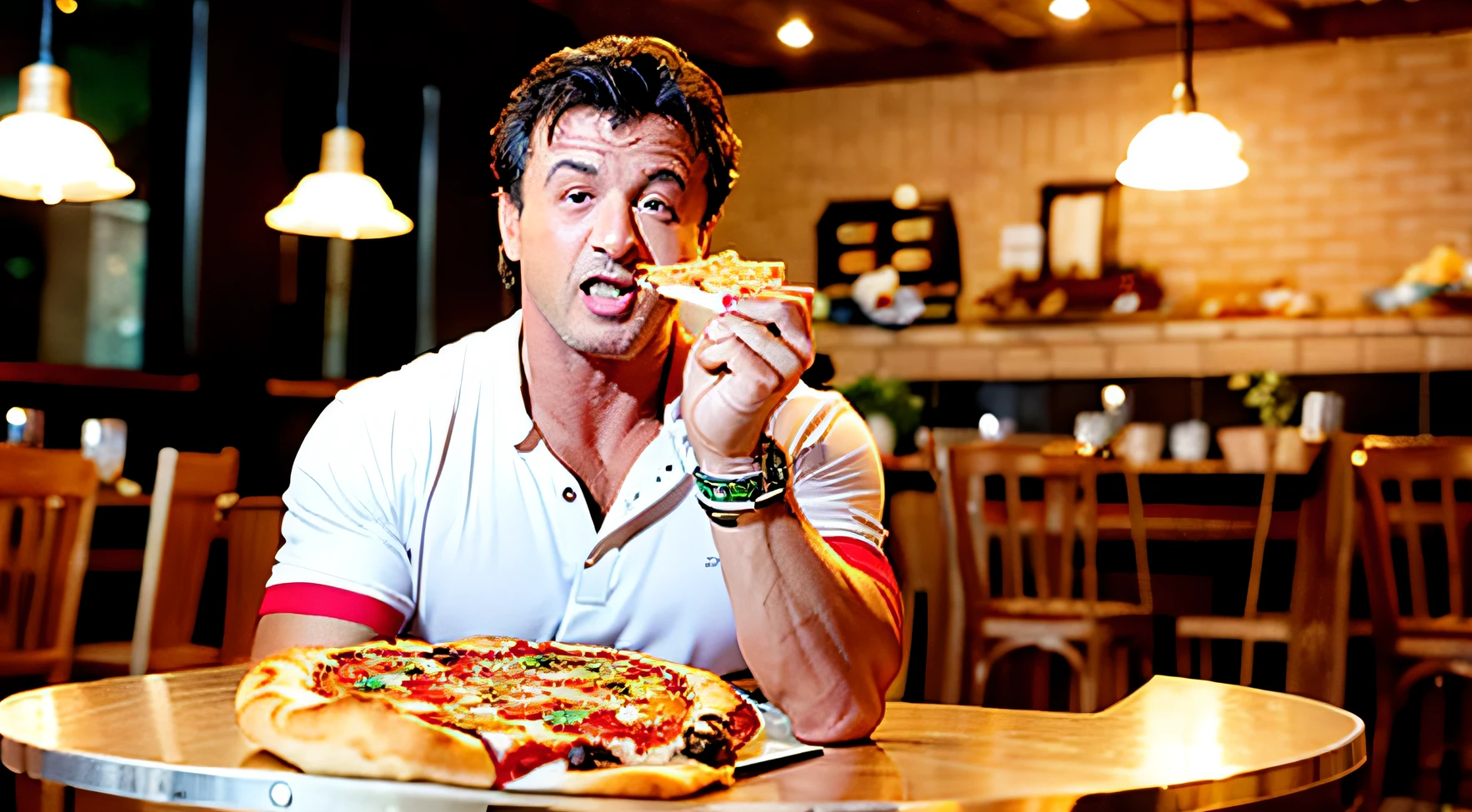 sylvester stallone EATING A PIZZA IN A BEAUTIFUL, LIT AND WELL BUZZY PIZZARIA