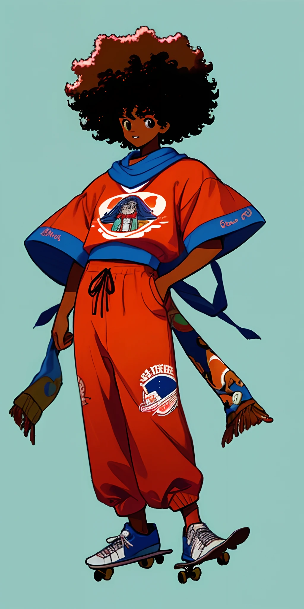 Menino afro com roupas pretas estilo anos 90 roqueiro usa uma bandana e anda de skate