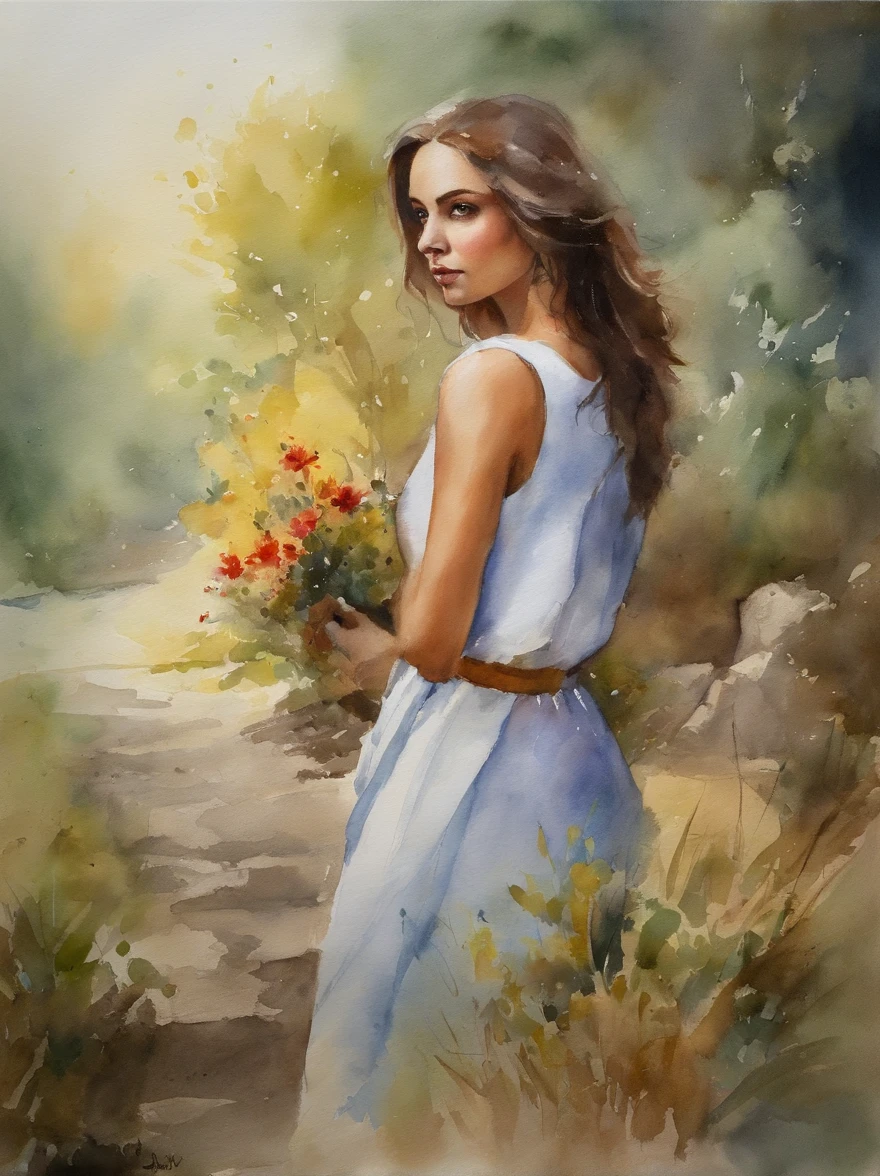 Watercolor Painting of a beautiful girl : : Trending on Artstation: : The simple composition creates a sense of order and harmony. The painting captures the spiritual qualities of the natural world. --uplight --ar 9:16