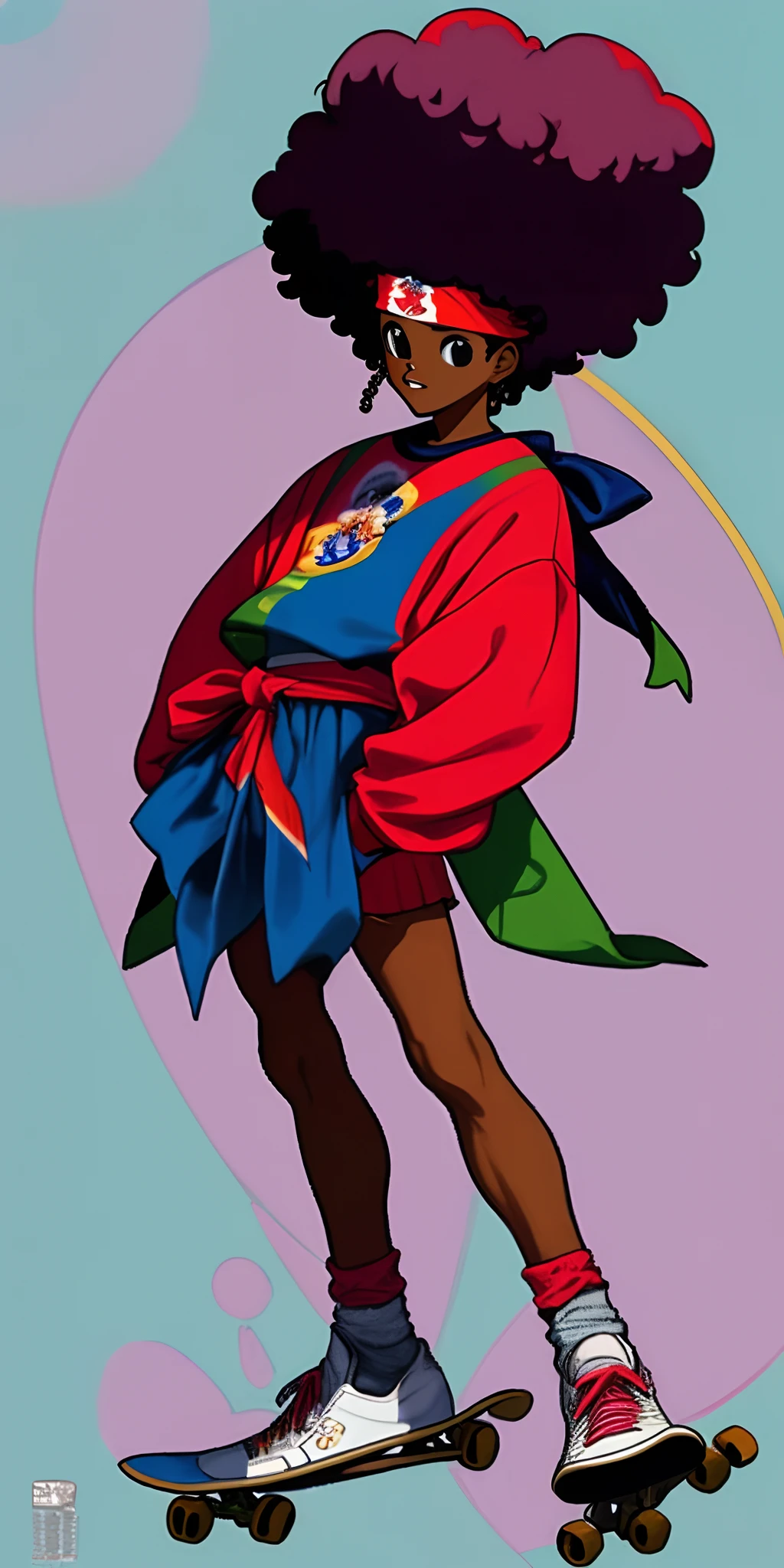 Menino afro com roupas pretas estilo anos 90 roqueiro usa uma bandana e anda de skate