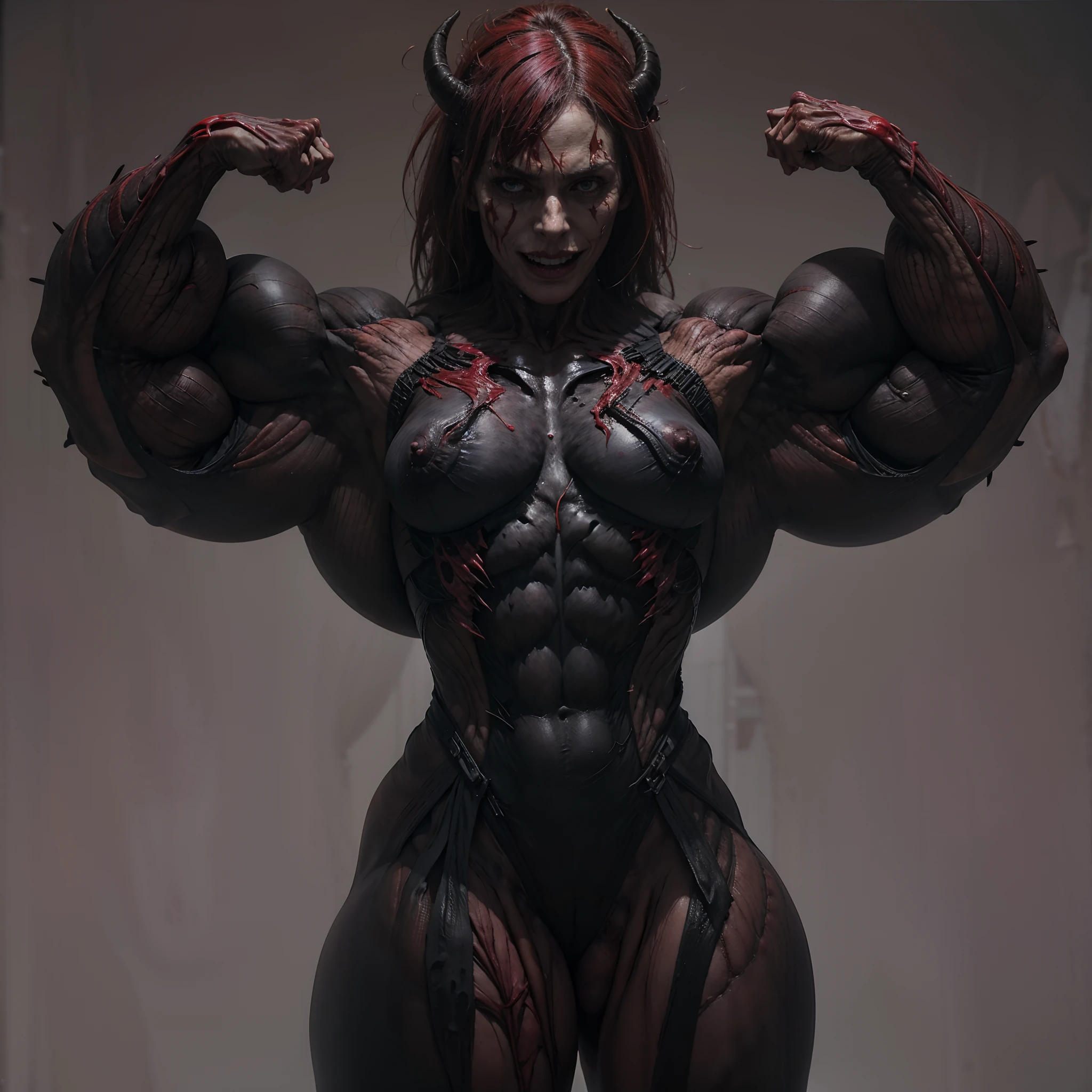 (8k, RAW photo, photorealistic:1.25), (carnage:1.5),(demoness with Large horns:1.25),(1 super muscular succubus with flayed skin:1.5), (covered in thick muscle suit:1.5), (exposed perfect anatomy:1.5), (carnage muscle anatomy:1.5),  high detail, best quality, masterpiece, finely detail, realistic skin texture, 85 mm art lens, f 1.2, sharp focus, 8 k high definition, insanely detailed, intricate,