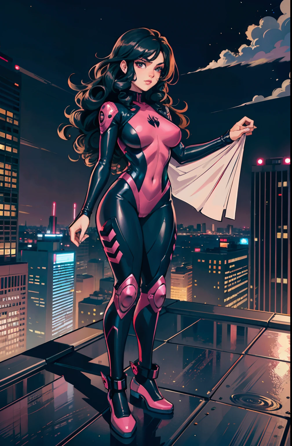 (masterpiece),(best quality:1.0), (ultra high resolution:1.0), detailed illustration, 8k, White girl (with black hair) (really curly hair) (free hair) wearing a black spiderman suit, A pink spider symbol on the chest of her suit, Black leather jacket , Black facemask, Pink goggles, She is on the roof of a building looking at the city at night (full body) (full view of the background)