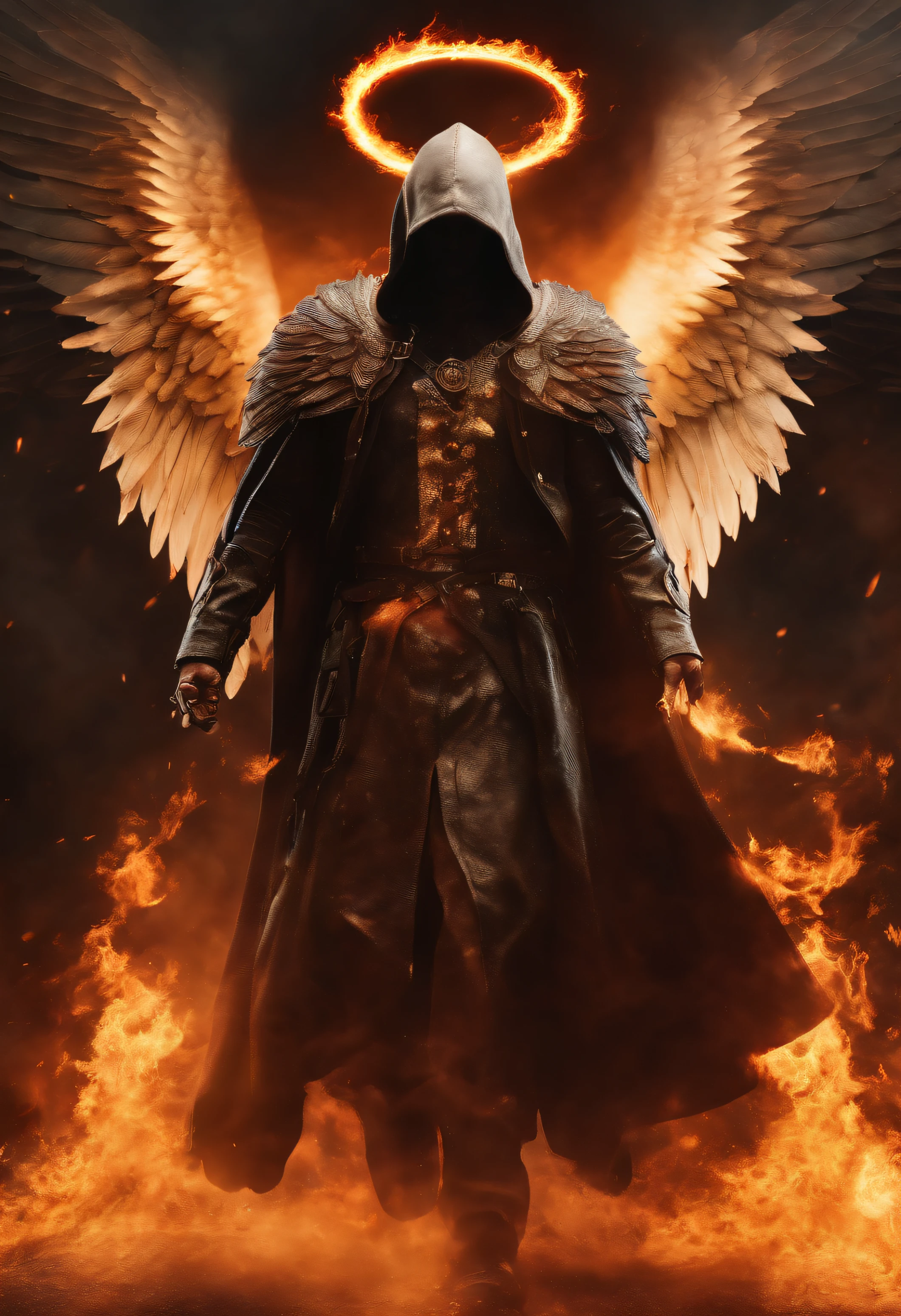 Realistic, Angel with big wings, Wearing flames,Hood on head in war background image (the chaos), full body, flare behind, close up, 200mm lens, f/1.0, head shot