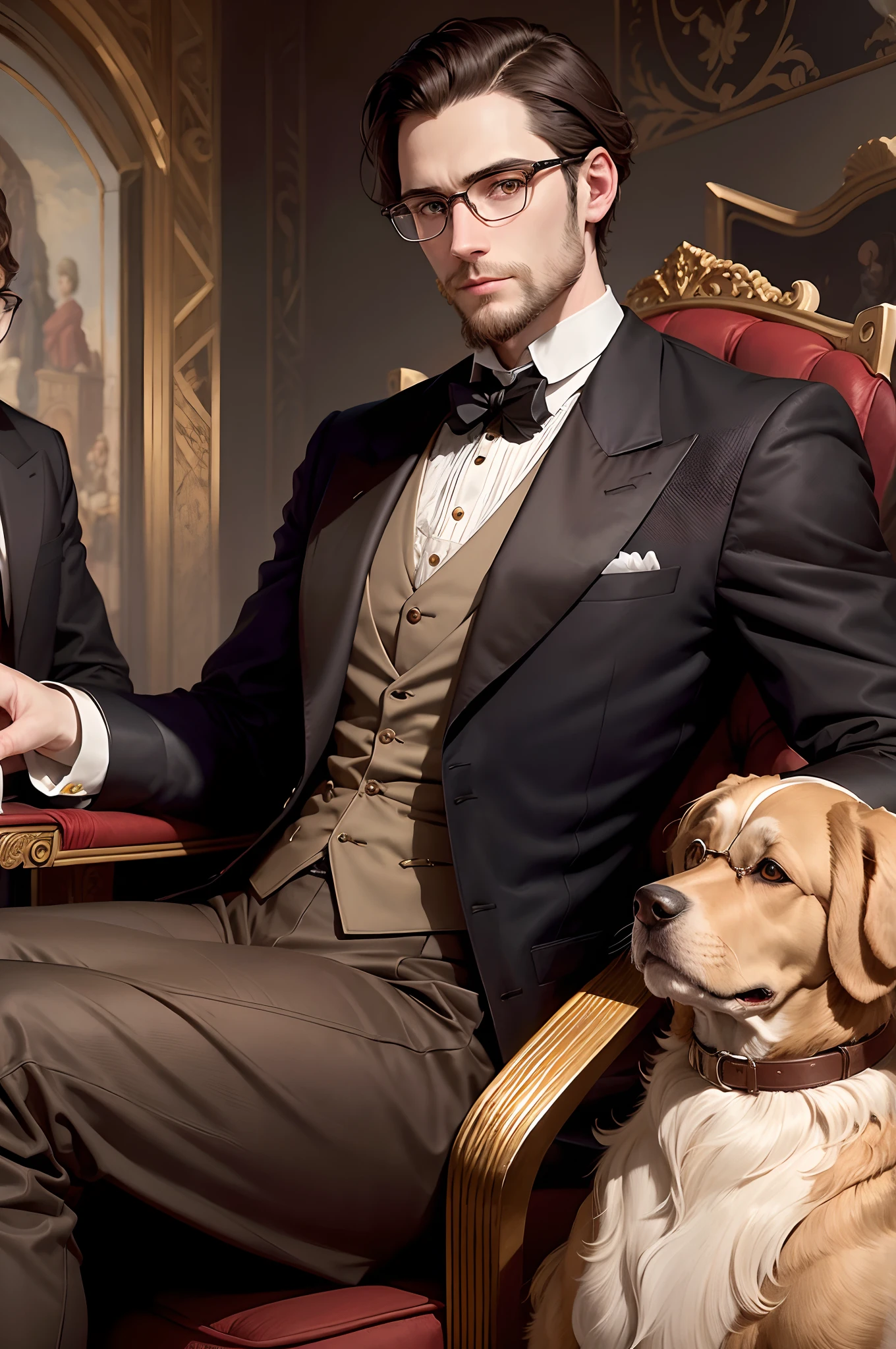 Renaissance style painted portrait of sophisticated slender 30-year-old white man with dark hair, side part haircut, slender rectangular glasses, and short beard in front of dark tapestry on the wall. Man is sitting in victorian style chair with golden retriever dog next to him. Dog is not wearing glasses. Dog is not wearing collar. Man's hair is somewhat short.