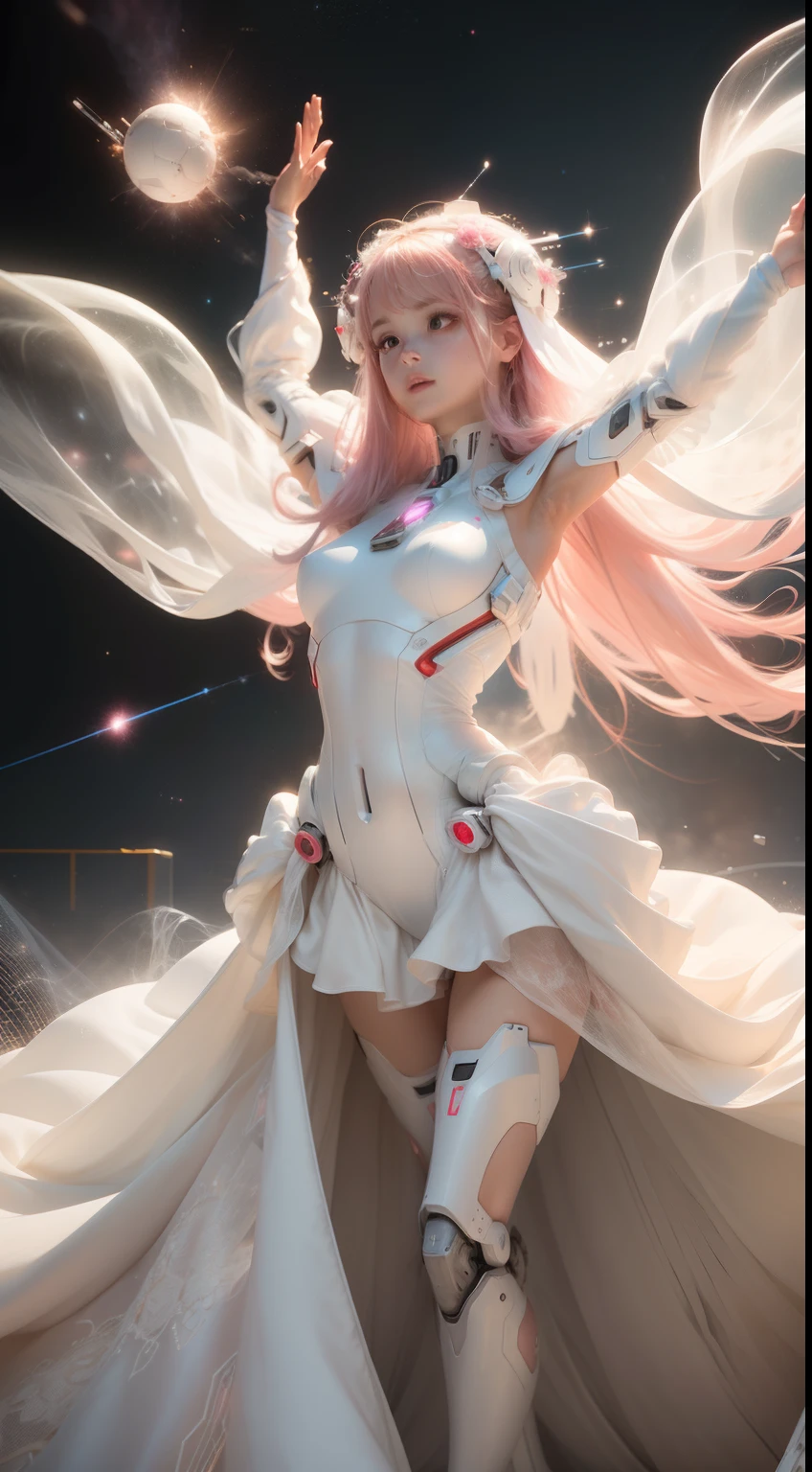 (Best Quality), Masterpiece, 8K, RAW, Cute white Silk Bride Naked，(Photo-realistic), white silk Dress, Pink long Hair, raised Arms, Full-Body Portrait, soft Lighting, Mecha-Implants, (Cybernetics:1.2), Space-station, Particles floating in Air