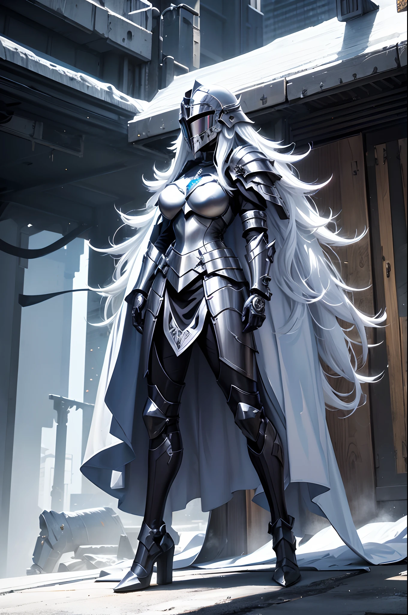 Paladin girl in black metal knight armor and cyberpunk helmet, Long white hair, white cloak, glowing neon, futuristic city, Mixing styles, higly detailed, Realistic full-length photo