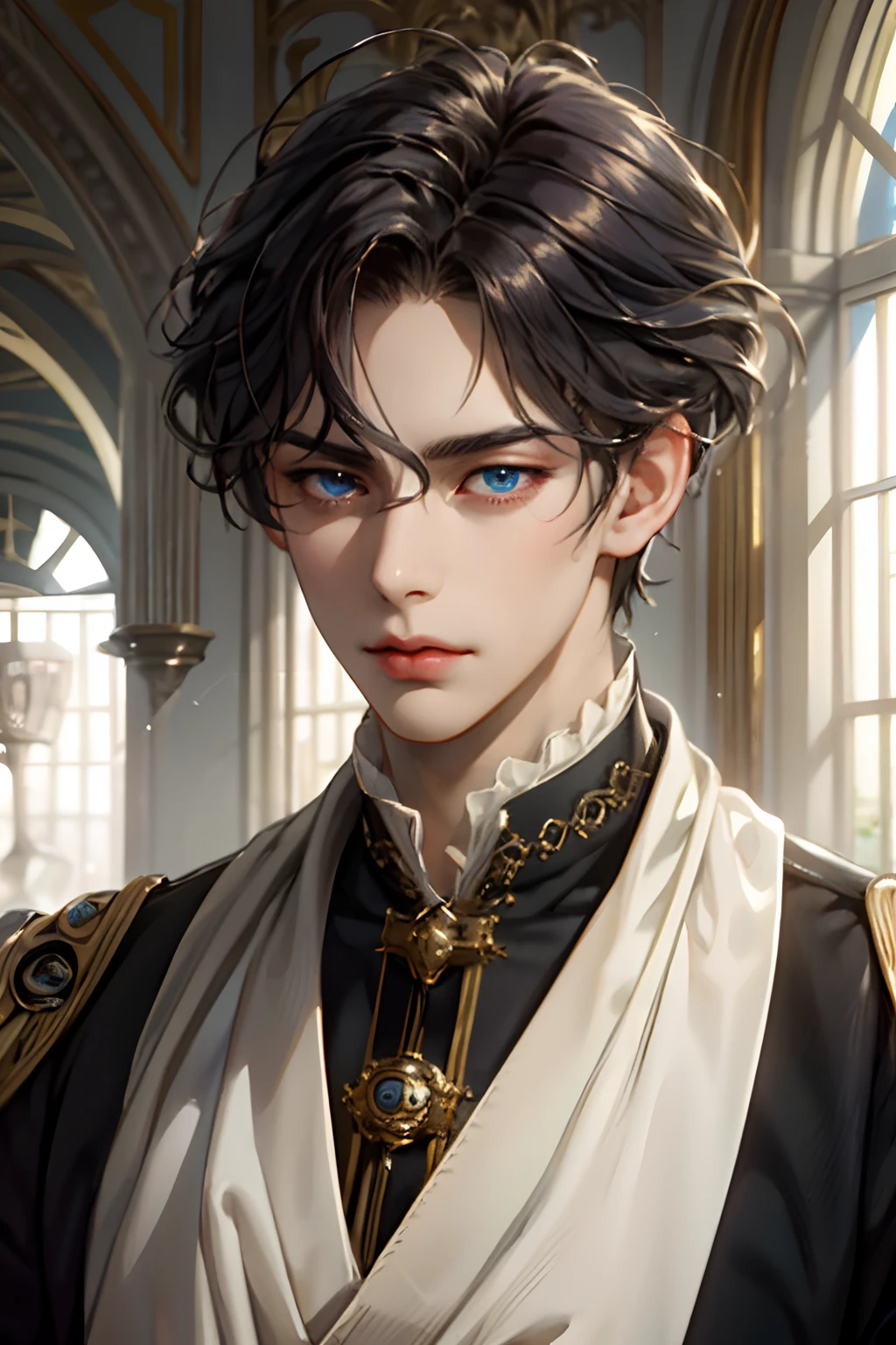 masterpiece, best quality, high quality, 1boy, solo, male focus, looking at viewer, upper body, sieg_fate, black hair, blue eyes, caucasian, noble, historical, aristocrates, aristocratic, victorian, 20 years old