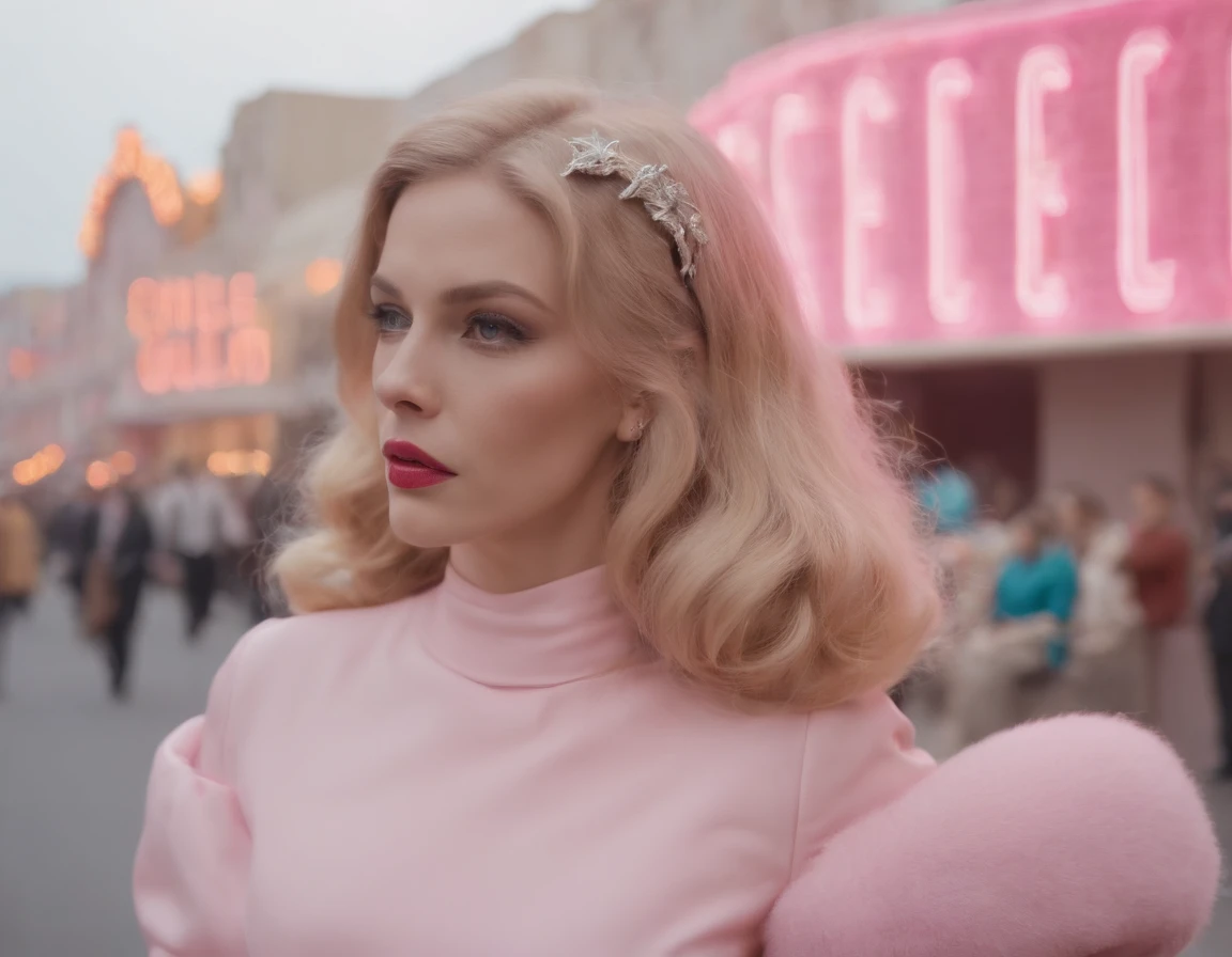 8k video clip of a 1960s science fiction film by Wes Anderson, Vogue anos 1960, pink pastel colors, old futuristuc city neon signs. and old ornaments with mechanical pets in town, Luz Natural, Psicodelia, futurista estranho, fotorrealista, hiper detalhado, foco nítido, Intrinsic, Fuji filmes 55mm,1960s nostalgia with a touch of surrealism
