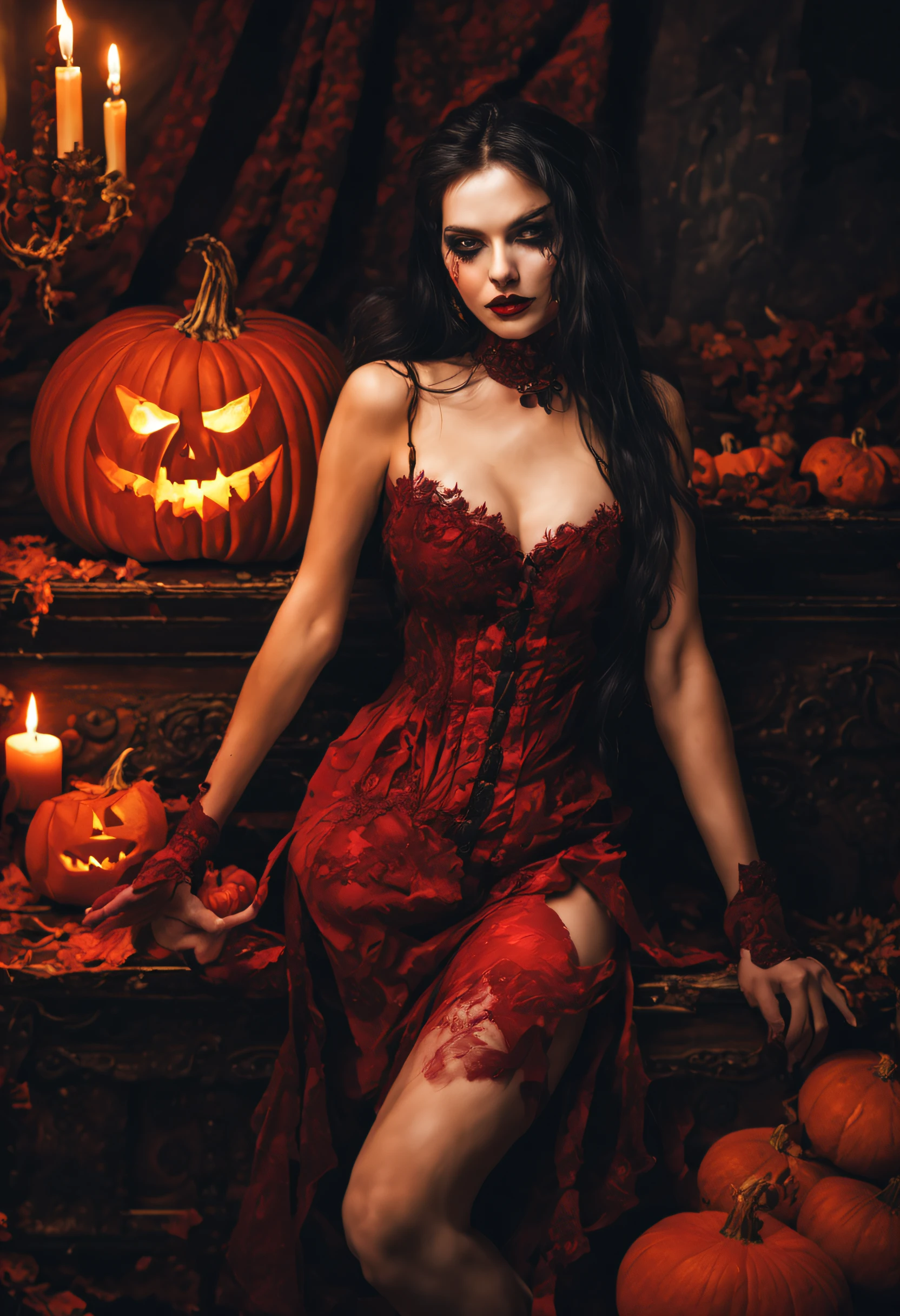 Beautiful vampire, Pale, grimalkin, in Gothic scarlet lingerie, On the bed of the old castle, fangs in the mouth, passion, Masterpiece, Pumpkins nearby, around the candle, Sinister laughter, Near Gabilena, and live paintings, Horror, chthonic horror, the bats