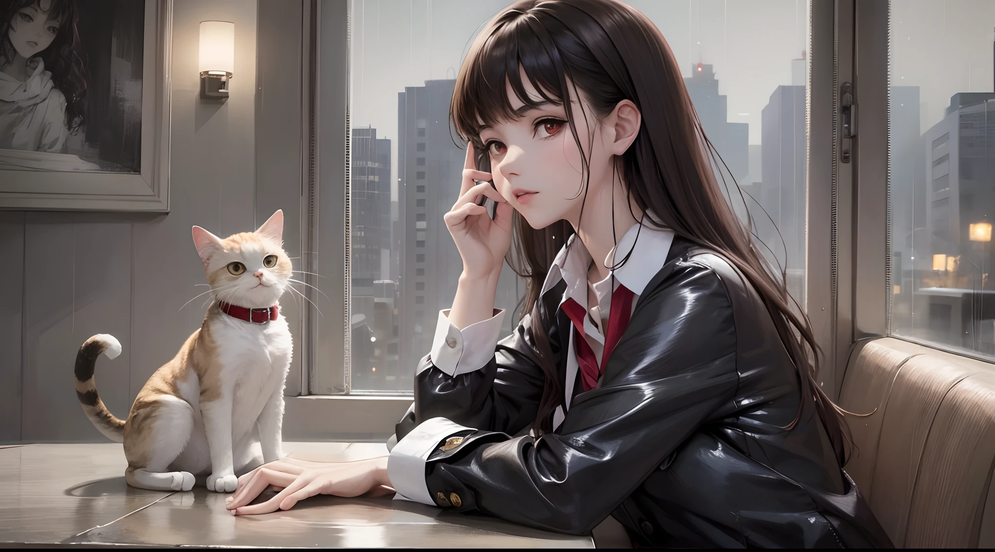 8K, Best Quality, Masterpiece: 1.2) , Super Detail, 1 girl, mature, indie, Detail café, evening, sit-down, expressionless , (shut up) Small tits, red eyes, Turkish, (collared shirt: 1.1) , black and white business wear, night, wet, rain, long hair, brunette, flowing hair, nova frog style, cat,