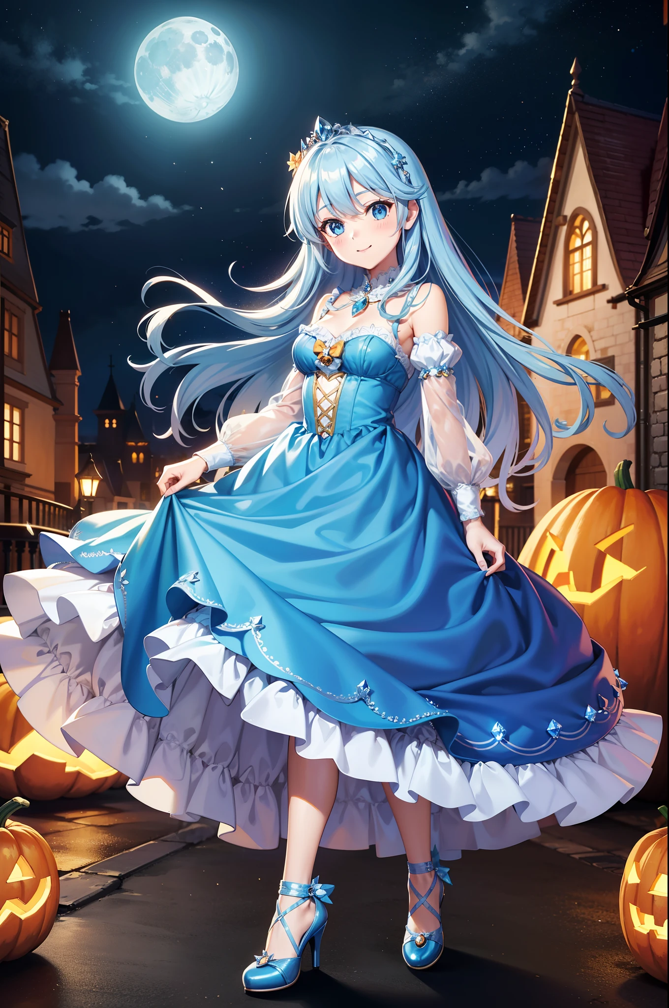 Pumpkin carriage,(Pumpkin carriage on background),Fairy World,one girls,adorable smiling, Cinderella,Light blue long hair, Twin-tailed,Long Blue Crystal Dress,Moonlight,Long steps,Crystal Shoes,
