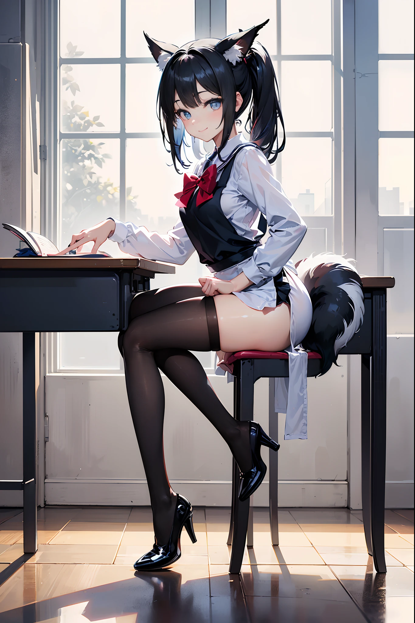 ((Masterpiece)), ((Best Quality)), (Ultra-detailed), ((Kawaii)), Cute, (Lovely), ((Sexy)), (Was), ((Extremely detailed)), 4k, (8K), Best Quality, (Beautiful), Realistic, real, full body focus, school, Classroom, Pretty skunk girl, small girl:1.4, solo, Brown School Uniform of the USSR:1.7, apron, Beautiful black hair with white stripes, Beautiful blue eyes, ((Beautiful eyes)), skunk tail:1.8, transparent black fur, translucent tights, Medium Breast, pantyhouse, open thighs, Heels:1.5, Smile, neonlight, reflection effect, Antro Beauty, skunk antlers:1.5,