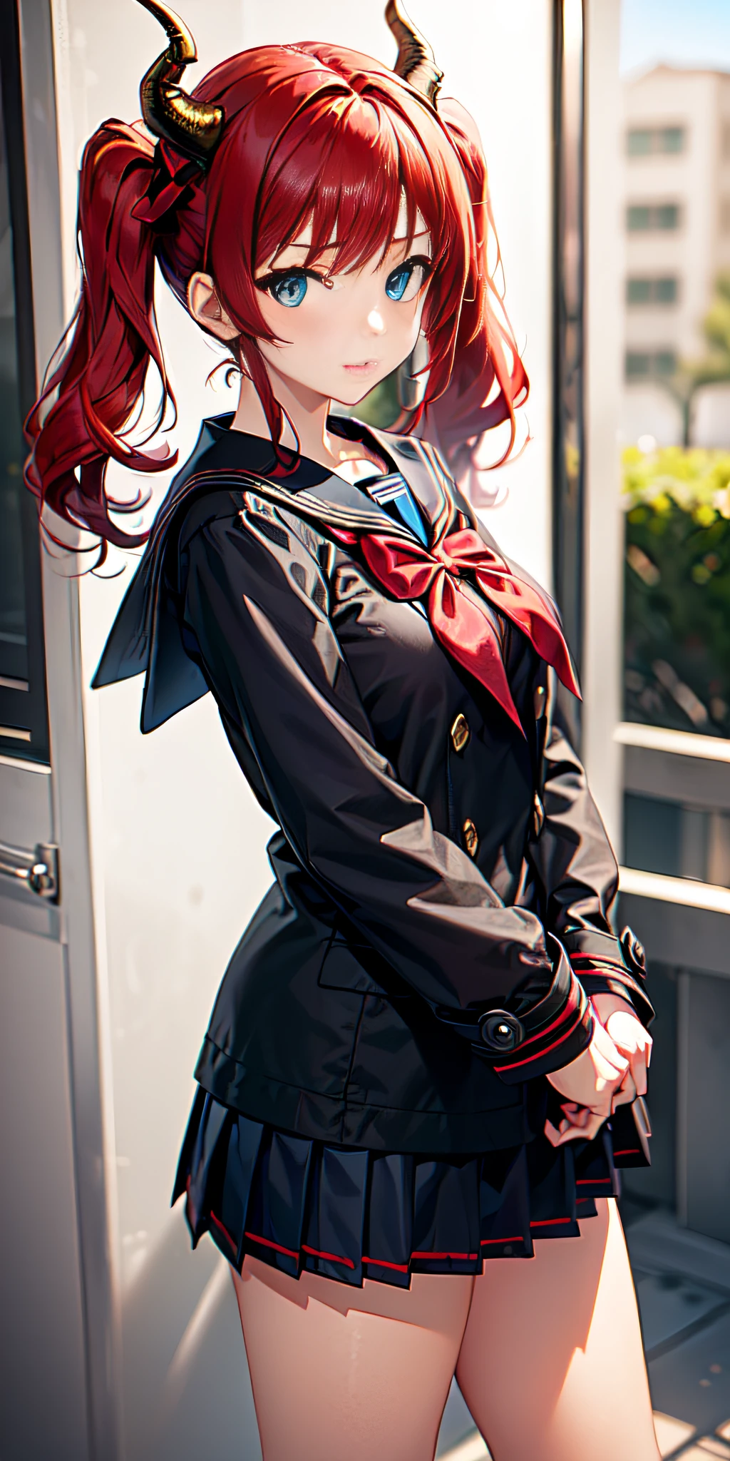 ((Red hair, blue eyes, twin tails, Sailor suit, black coat, dragon horns, very short pleated skirt, 1 woman only, 18yr old)), Cute, bow, image taken with canon eos professional camera 50mm lens