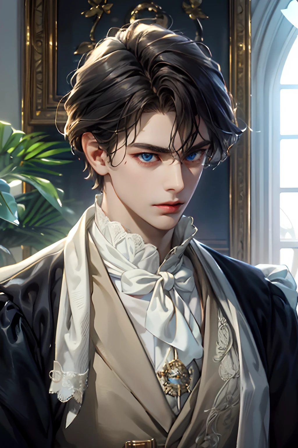 masterpiece, best quality, high quality, 1boy, solo, male focus, looking at viewer, upper body, sieg_fate, black hair, blue eyes, caucasian, noble, historical, aristocrates, aristocratic, victorian, 20 years old