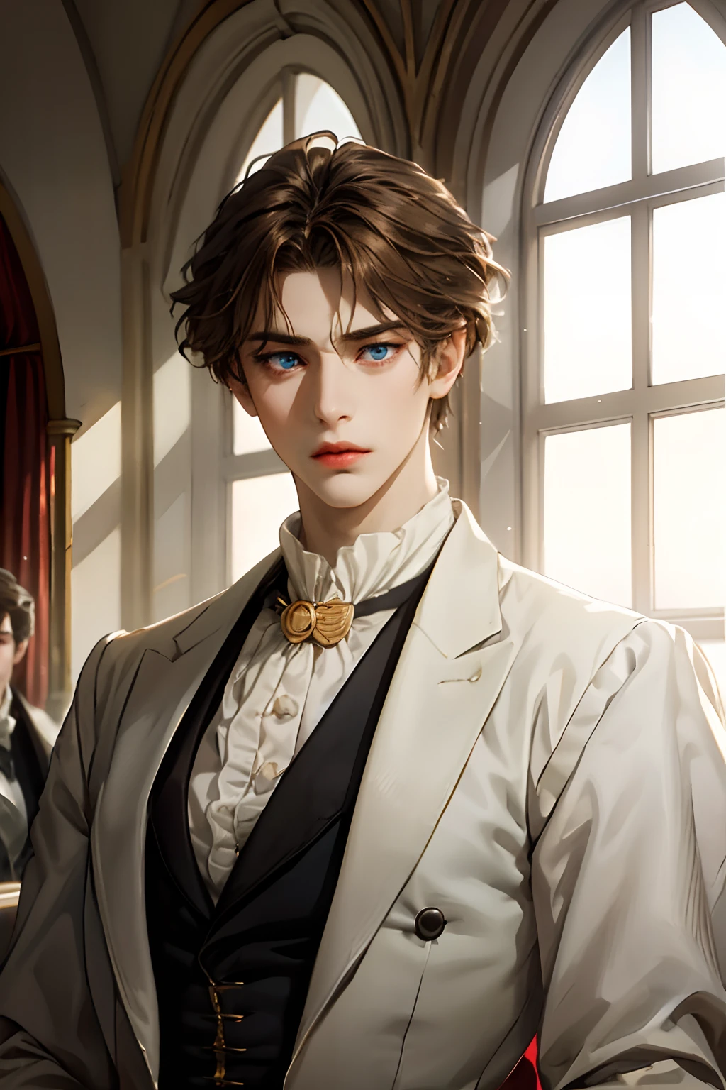 masterpiece, best quality, high quality, 1boy, solo, male focus, looking at viewer, upper body, sieg_fate, dark brown hair, blue eyes, caucasian, noble, historical, aristocrates, aristocratic, victorian, 20 years old