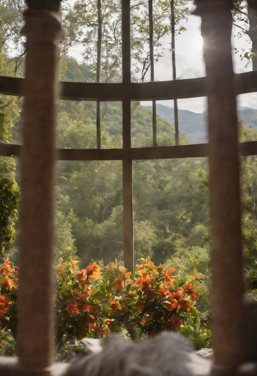 Descreva uma janela quadrada em um quarto, through which you can contemplate a spectacular view of the surrounding nature. Explore os detalhes da moldura da janela, the colors of the landscape outside and how this view of nature affects the environment and the state of mind of the people who are in the room.