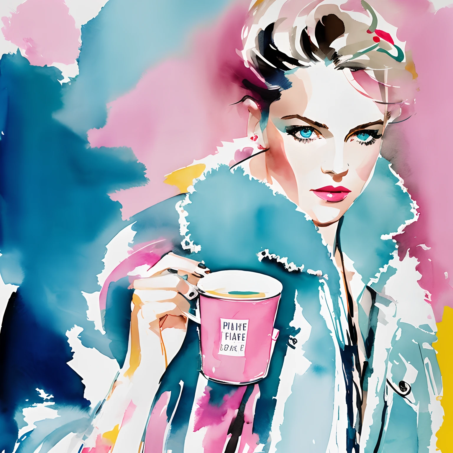 David Downton fashion illustration watercolor, blonde thin bob hair 1woman, blue eyes, fluffy pink sweater, light blue trendy denim jacket, apple green tea, Paris street, lilac