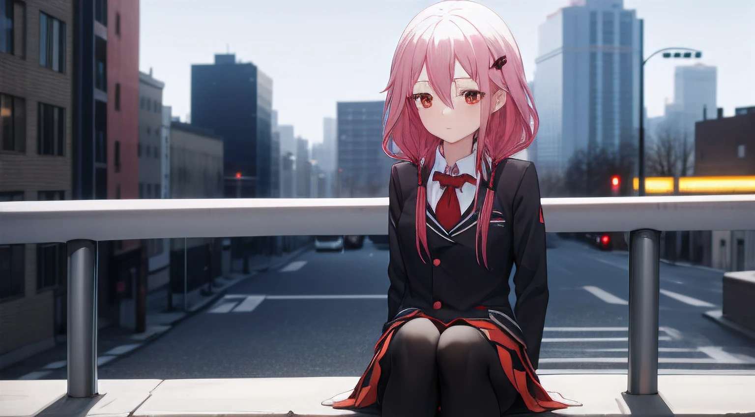 hair between eye, hair adornments, hair pin, Long hair, Low Twin Tails, Pink hair, (Red eyes:1.2), side locks, double tails，Black school uniform，Black stockings，urban backdrop，sitted，full bodyesbian