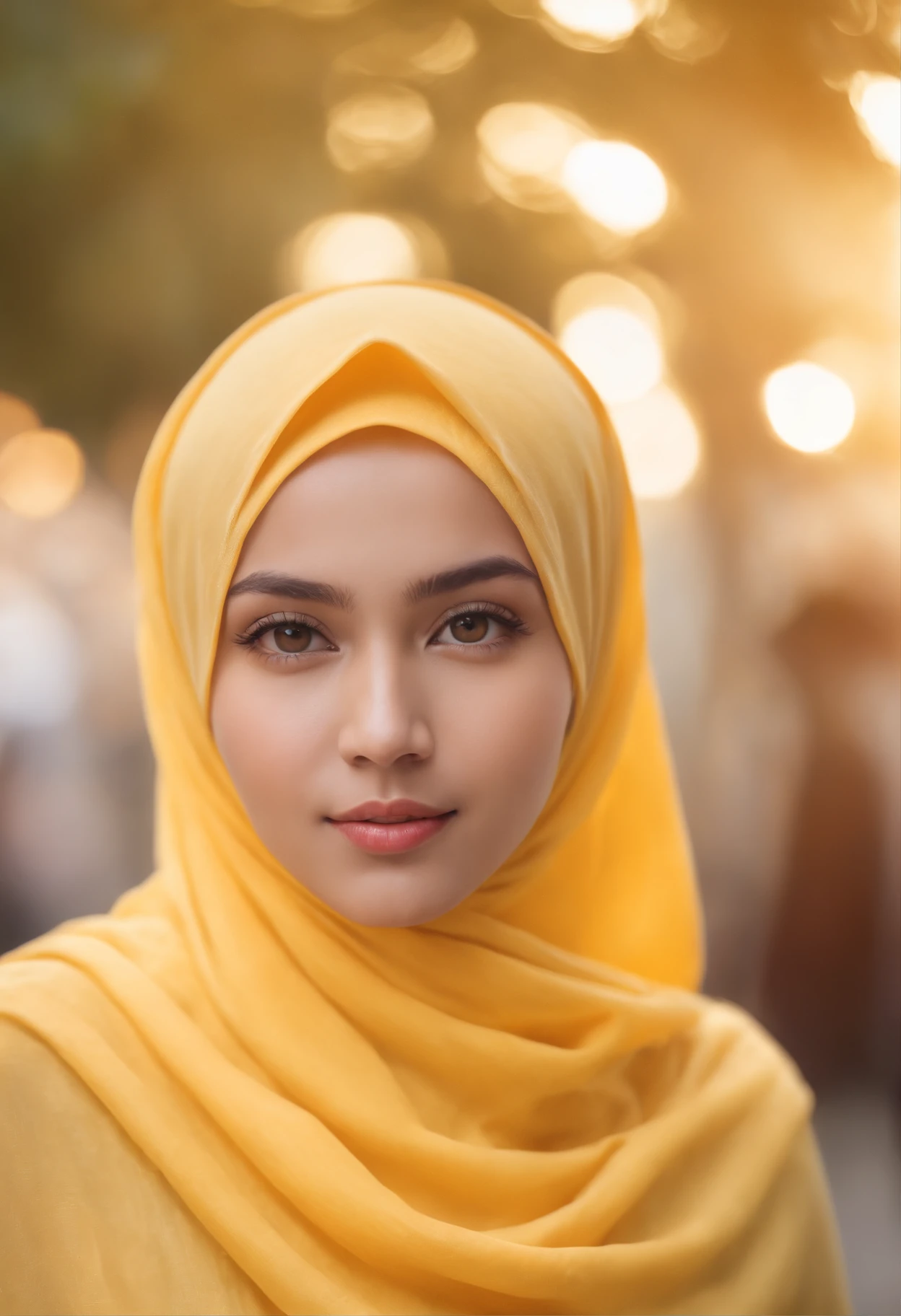 Photo portrait of a beautiful Bandung girl wearing a hijab and dimples, around 17 years old, (plain yellow hijab), (portrait medium shot:1.3), dramatic light, Rembrandt lighting scheme, (hyperrealism:1.2), (8K UHD: 1.2), ( photorealistic:1.2), shot with Canon EOS 5D Mark IV, facial detail, skin texture detail. standing in street