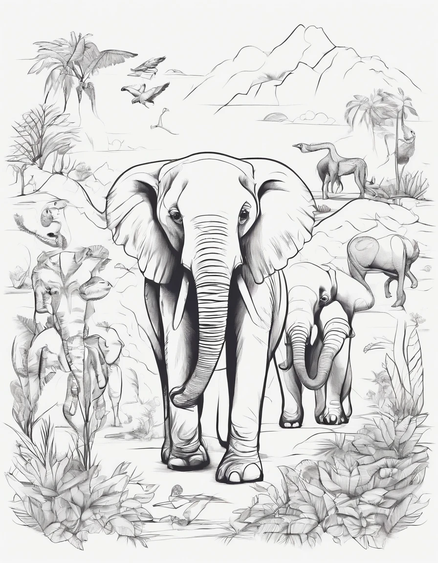 Zoo animals,sketch style,coloring page,white background