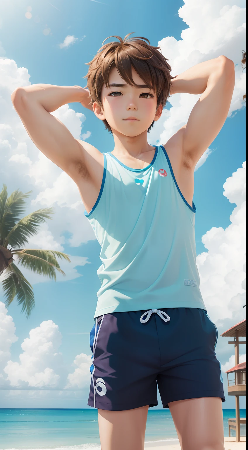 14 and , Two cute silver-haired brothers aged 14 and 15 argue in the middle of the desert in blue male swimsuit