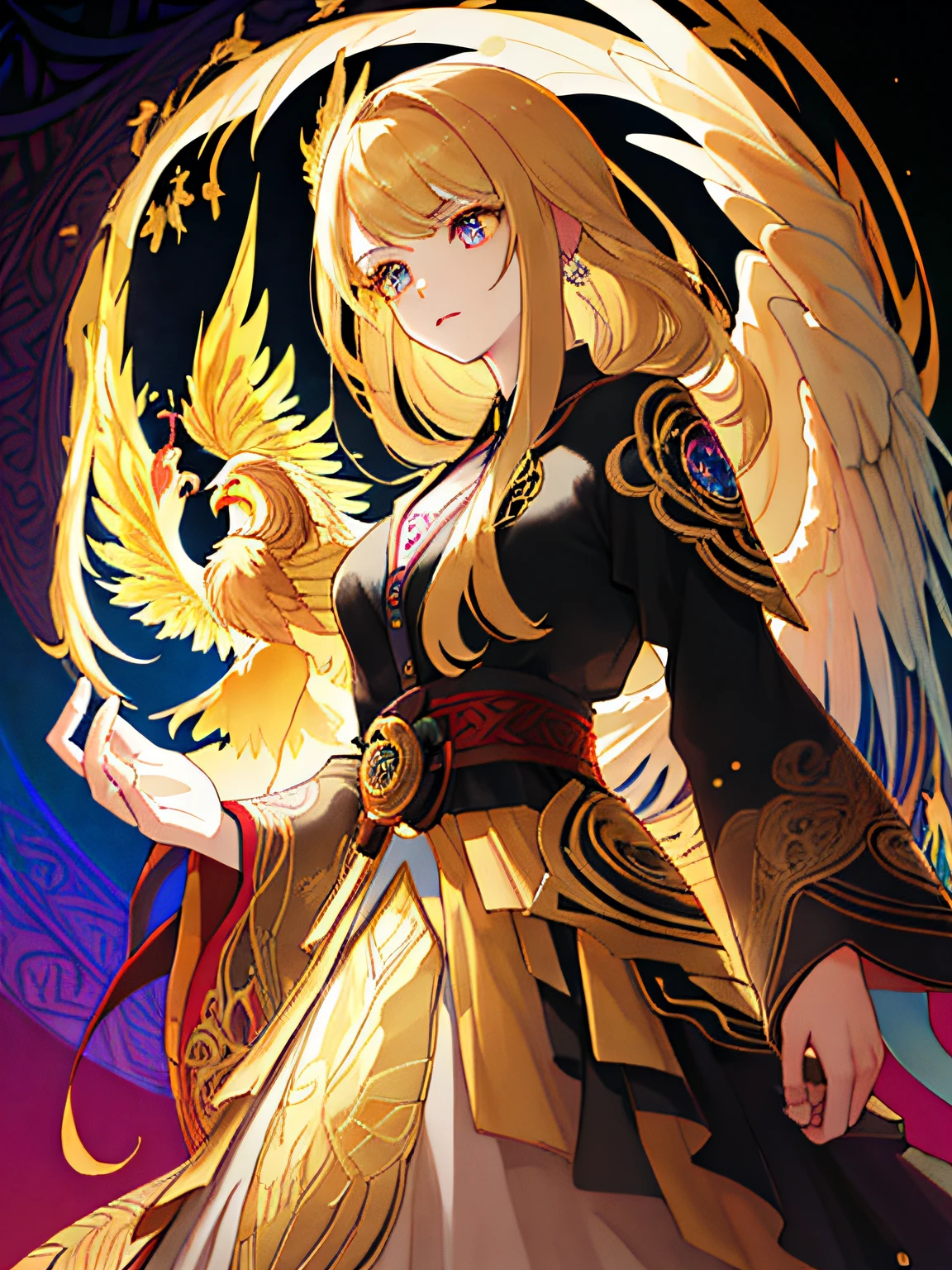realistic, (masterpiece, top quality, best quality, official art, beautiful and aesthetic:1.2), extremely detailed,fractal art,colorful,highest detailed,zentangle,(abstract background:1.3) solo mature female , tall well build girl, (golden phoenix), blonde hair, bright eyes,hair slicked back, short hair, black robe,
