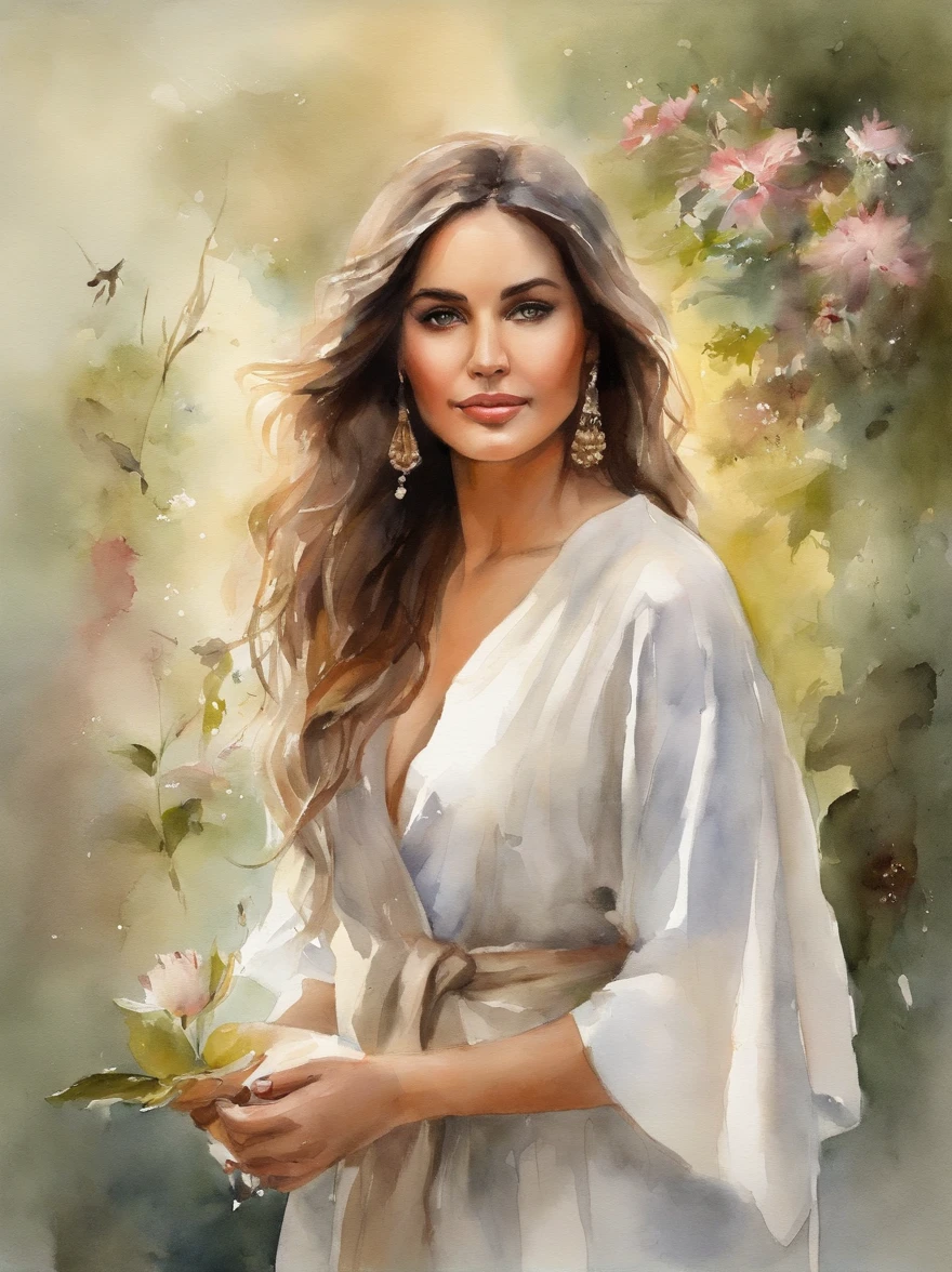 A stunning watercolor painting of a young, enchanting lady that captivates the hearts of men. She has a gentle smile on her face, cascading brown hair, and a shimmering green dress adorned with delicate white flowers. The background features a soft, vibrant sunset with a blend of warm and cool colors, creating a dreamy atmosphere. The overall composition of the painting is both captivating and romantic, evoking a sense of longing and admiration.