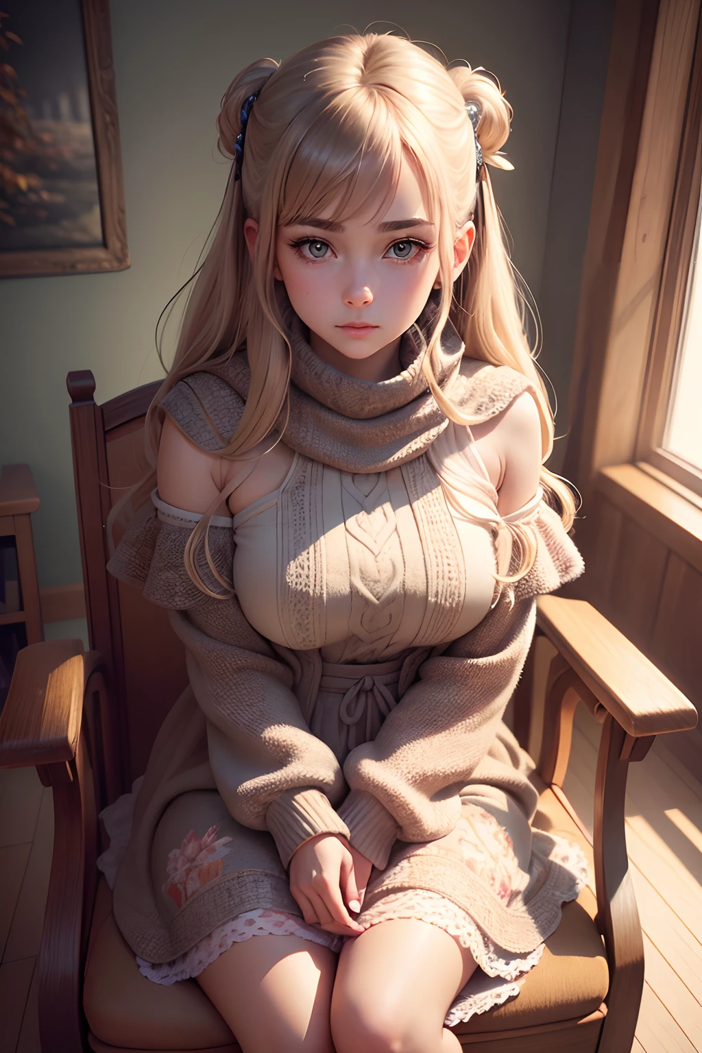 Highly detailed. beautiful girl, wearing autumn clothes, deep in thought, sitting on a big snug chair, relaxed, symmetrical face, symmetrical eyes, looks at the camera, stunning photography, photorealistic, art station, soft pastel colours, highly detailed, intricate, path tracing, illustration, insanely detailed, shadow mapping volumetric light, specular lighting
