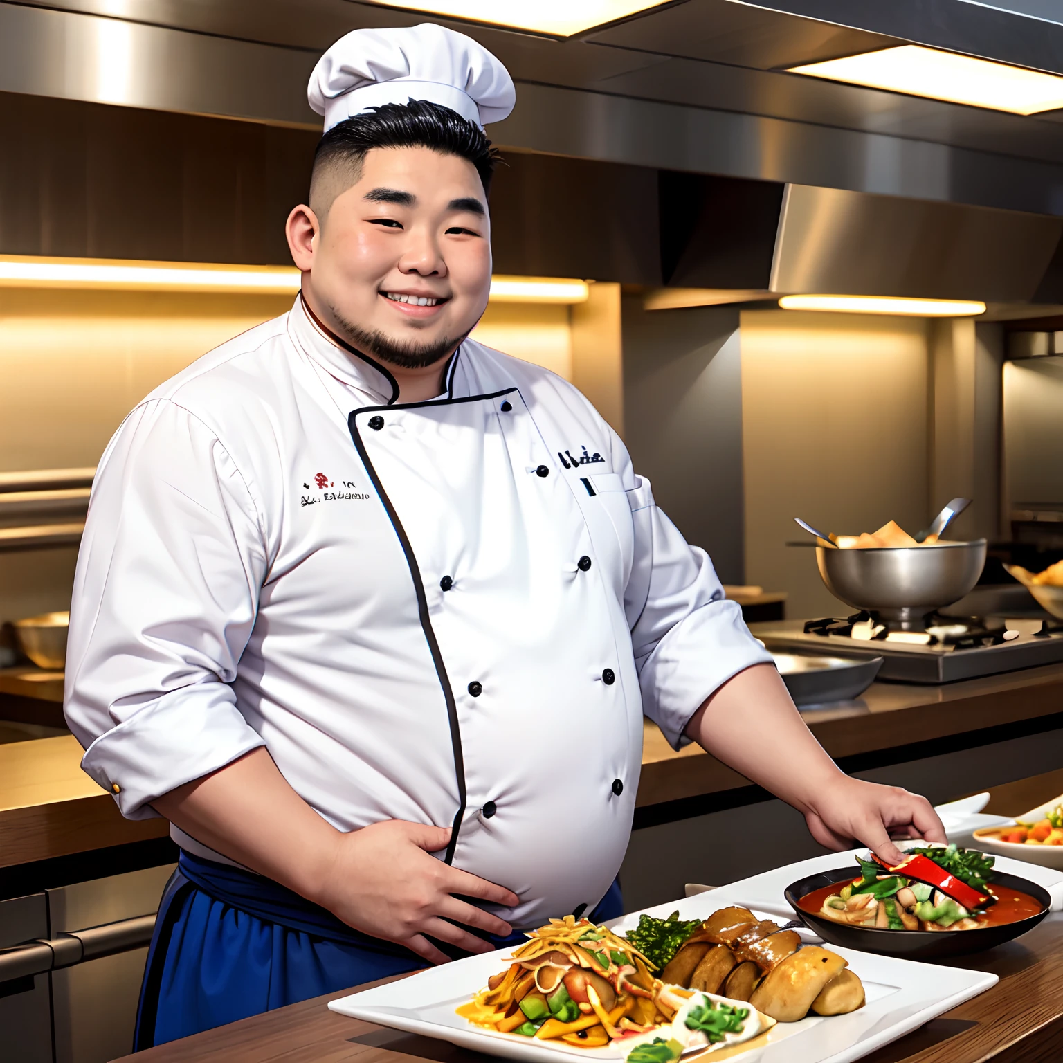 A fat Taiwanese chef is standing at the front desk of the 101 Viewing Restaurant with a bright smile. He only wears a blue Rokushaku Fundoshi. He has a cyan samurai hairstyle, bronze skin, and no chef hat. In an enthusiastic anime style, he is a fat man. round belly chef