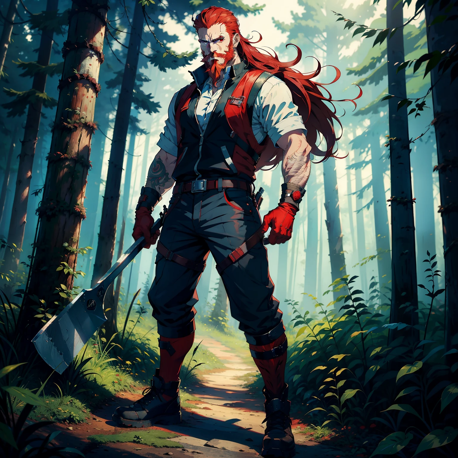 ((best quality)), ((masterpiece)),((detailed)), man, mature, long red hair, red eyes, serious face, red beard, steel gloves, holding an axe, masculine, full body, standing in the forest