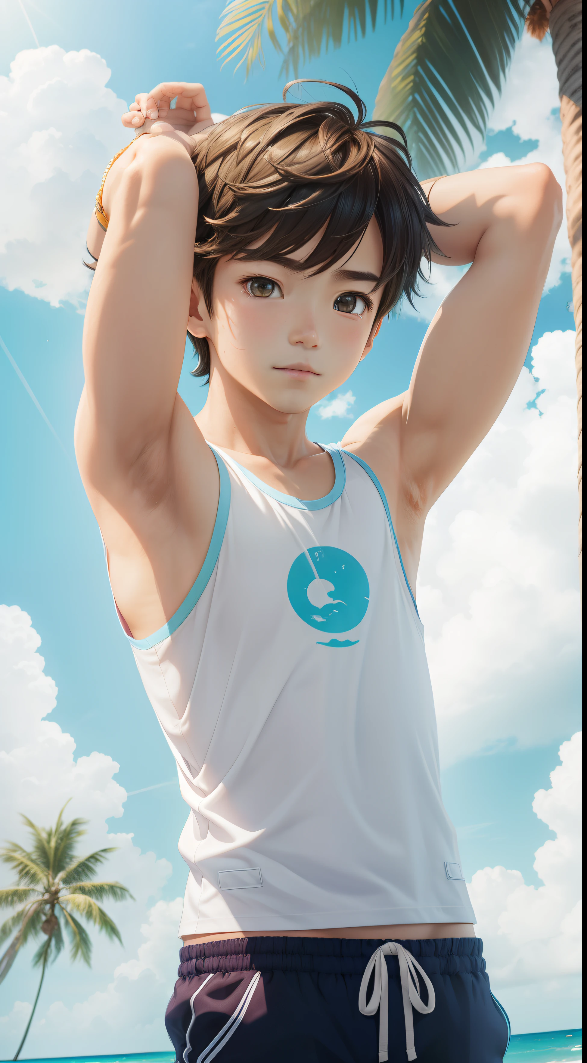 Anime style,Summer sky、Into the cloud、1boy,, hansome boy, cute face, adorable boy, beach, coconut tree, Cheerful boy。Tank Tops、body only, 、(show his armpit, focus on the armpit, shine closer to the armpit), boy focus