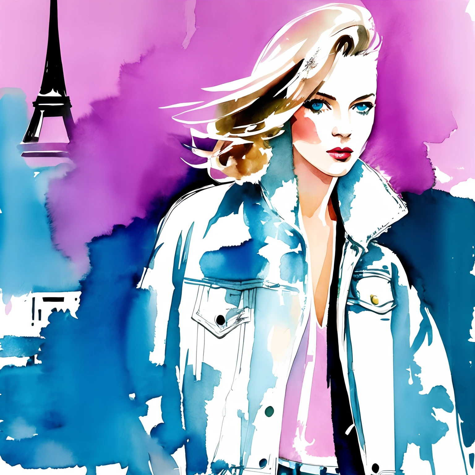 David Downton fashion illustration watercolor, blonde thin bob hair 1woman, blue eyes, fluffy pink sweater, light blue trendy denim jacket, apple green tea, Paris street, lilac