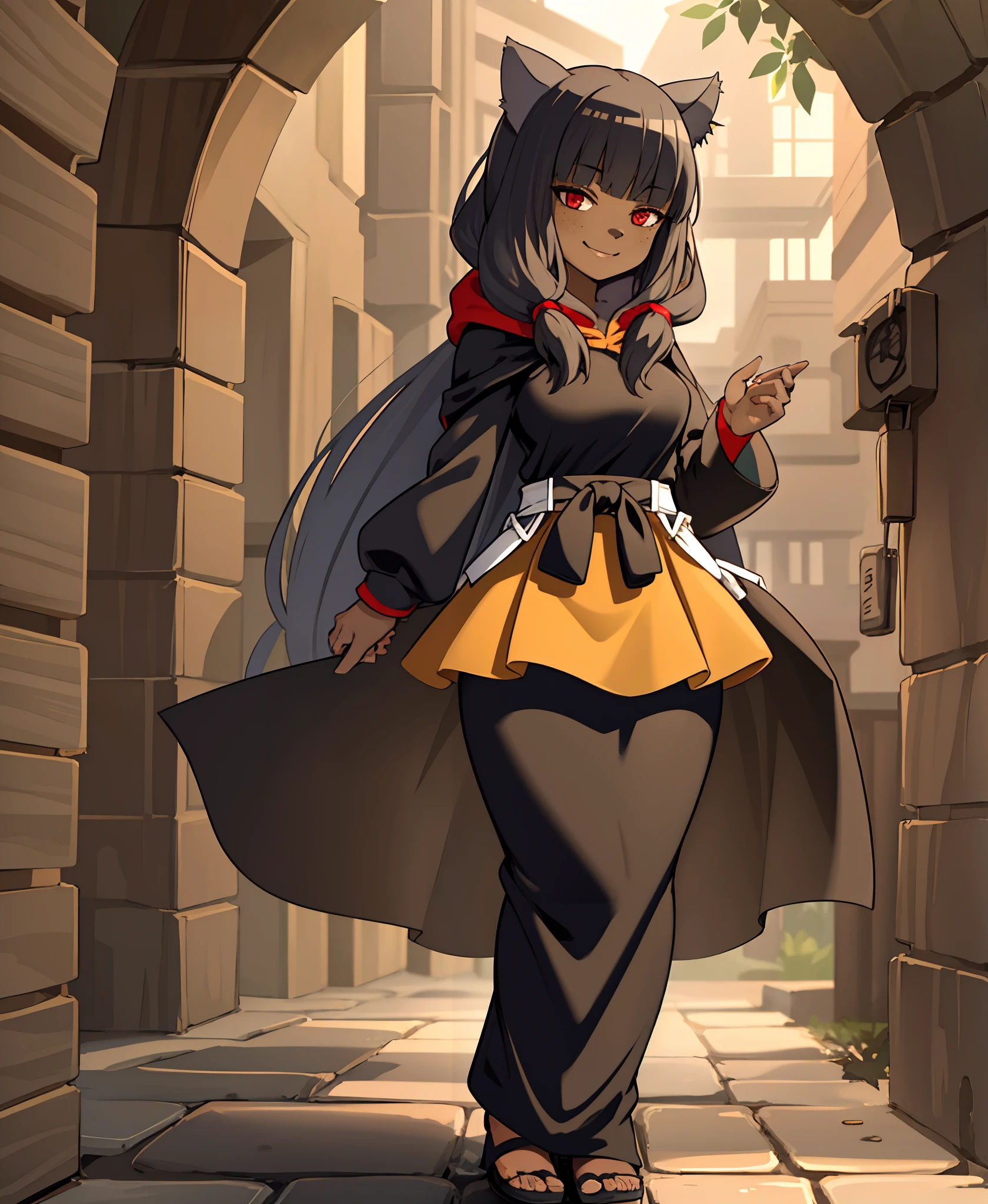 1girl, dark skin, smile, cat ears, bangs, long hair, freckles, full body, ,, red eyes, hood , cloak, yellow cloths, full body, flipflops, long skirt