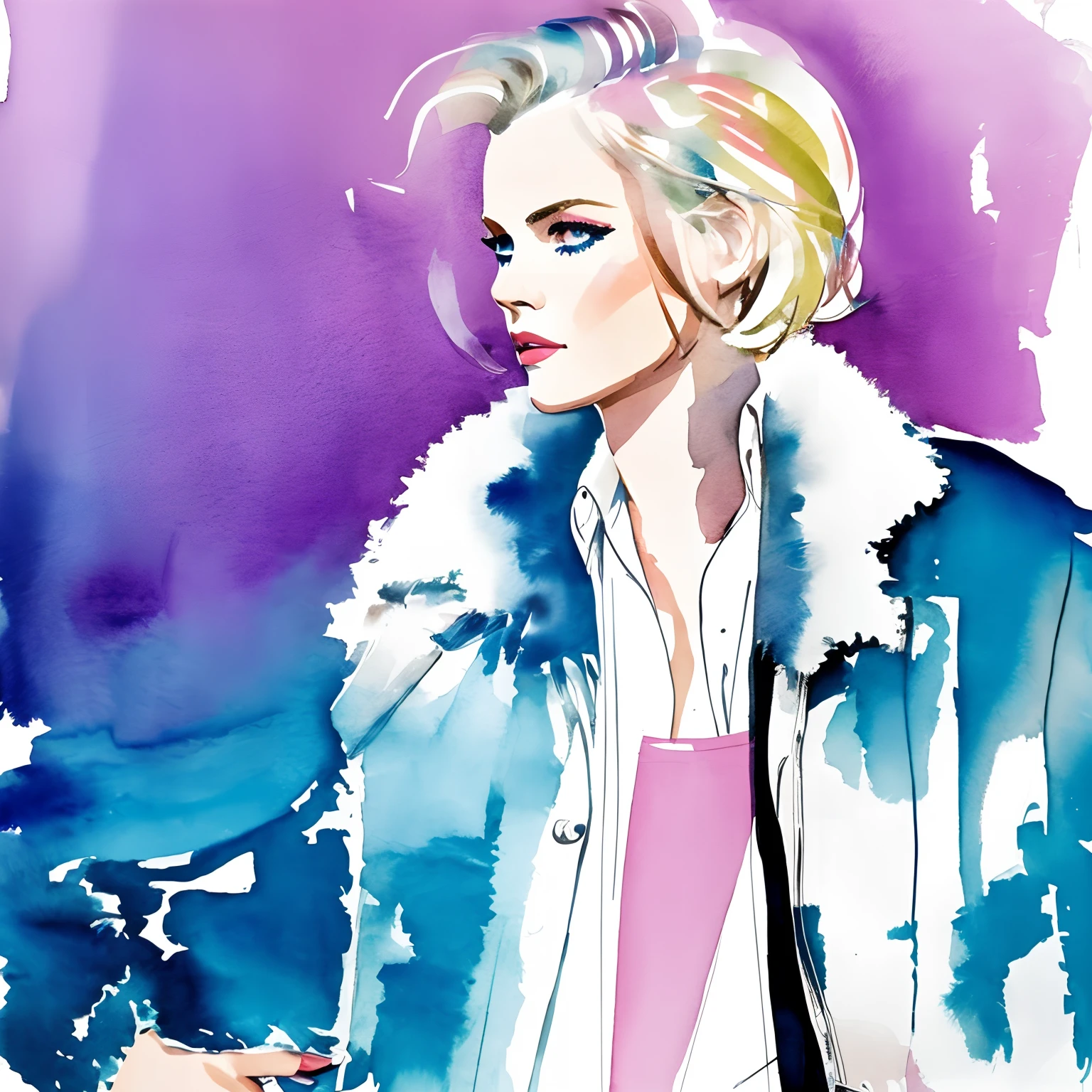 David Downton fashion illustration watercolor, blonde thin bob hair 1woman, blue eyes, fluffy pink sweater, light blue trendy denim jacket, apple green tea, Paris street, lilac