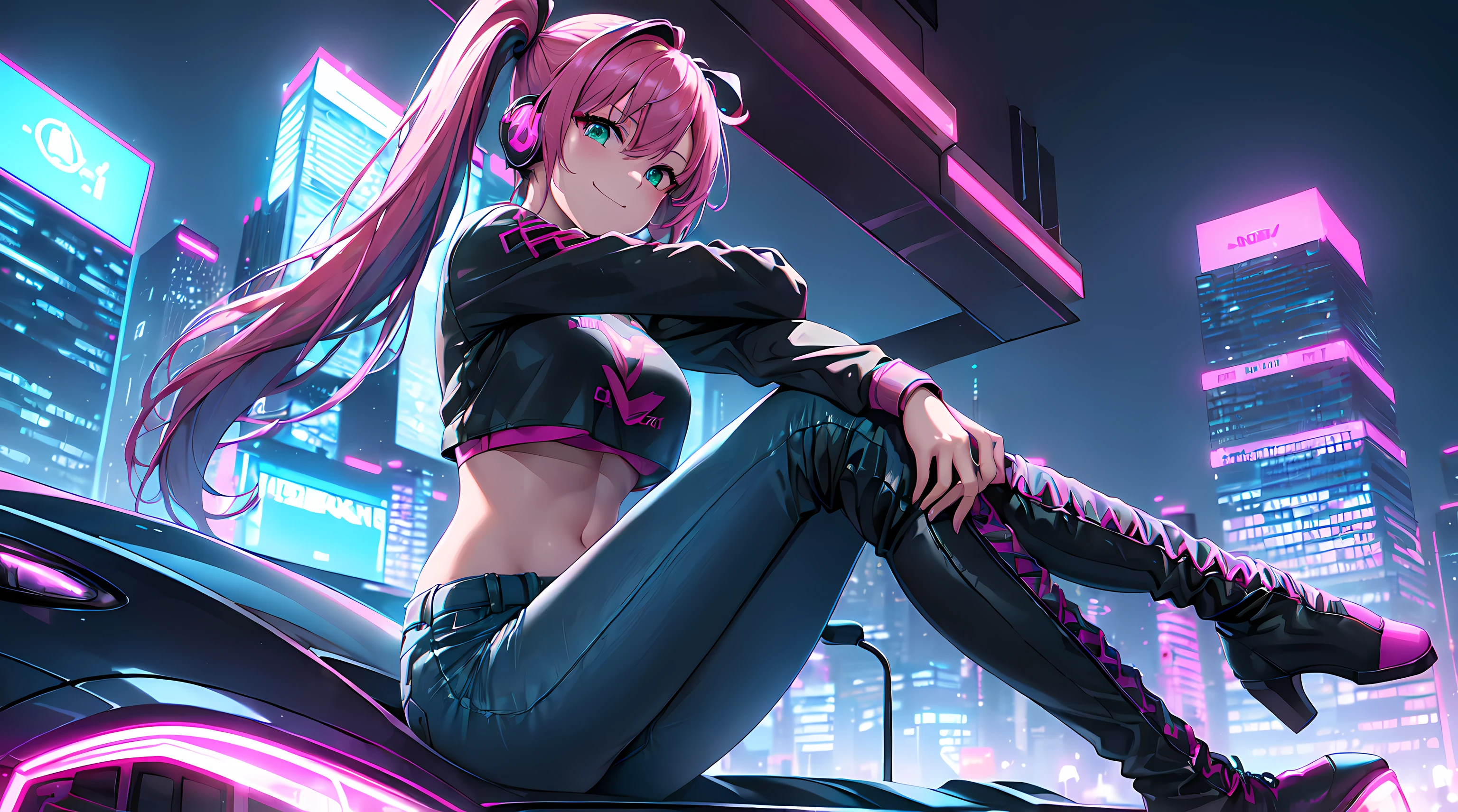 ​masterpiece, 1girl ((20year old, crop top shirt exposes navel, tight blue jeans, knee-high boots, medium breasts, multicolor pink hair, twin ponytails, green eyes, flirting, happy, big smile, looking towards camera, headphones, sitting on top of a sports car in the middle of a futuristic urban street, neon lights and towering skyscrapers, futuristic and energetic atmosphere), ((nighttime))