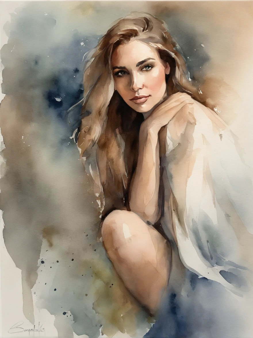 A delicate, watercolor painting portrays, a nude beautiful young Monica Belluccy, medium firm breasts, round firm nipples, standing naked bare feet without background, her features rendered in subtle shading and precise lines. The half body framing is tight, focusing attention on the subject's serene face. Soft, feathery strokes convey the gentle texture of her hair,