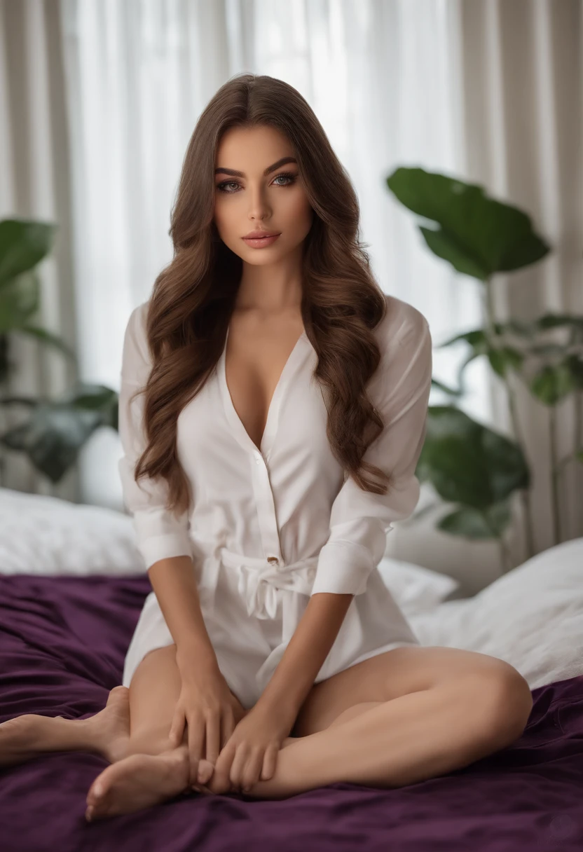 arafed woman fully , sexy girl with green eyes, ultra realistic, meticulously detailed, portrait sophie mudd, brown hair and large eyes, selfie of a young woman, dubai eyes, violet myers, without makeup, natural makeup, looking directly at the camera, face with artgram, subtle makeup, stunning full body shot kneeling on bed, in bedroom, medium to large size bust