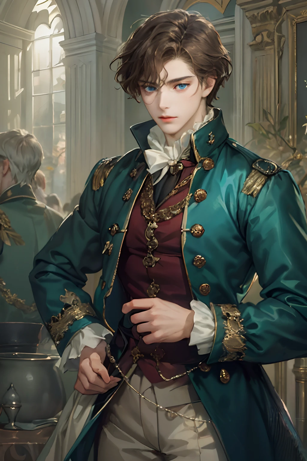 masterpiece, best quality, high quality, 1boy, solo, male focus, looking at viewer, upper body, sieg_fate, dark brown hair, blue eyes, caucasian, noble, historical, aristocrates, aristocratic, victorian, 20 years old