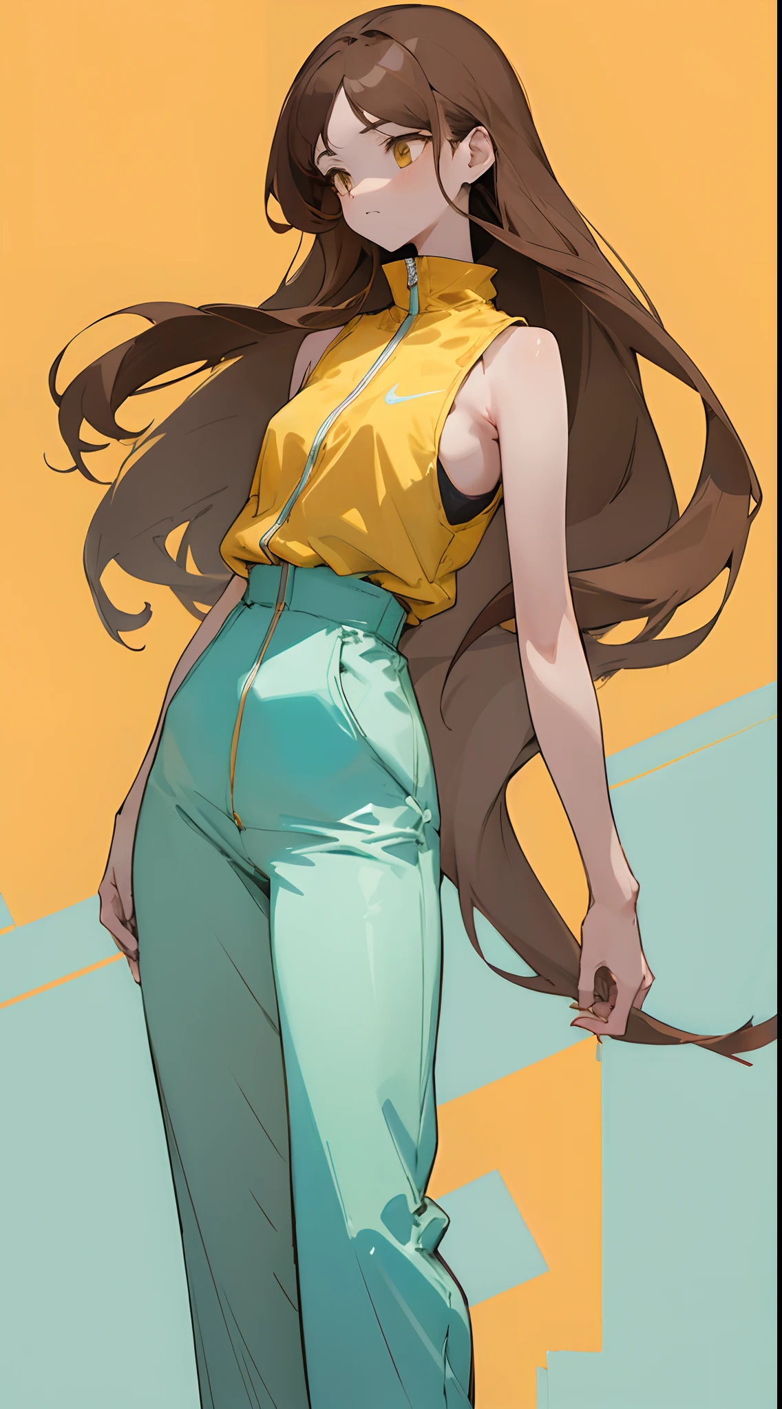 (masterpiece, best quality) detailed, 1Character , blue archive art style ,  pastel washed out colors , cell shade , soft, muted shades ,gentle colors ,

Fashion ad , wearing an ((orange nike jumpsuit:1)), sleeveless, high fashion, urban environment, big city , Beautiful woman , very long hair , dark brown hair , gold eyes , lean body , yellow under hair,  expressive  eyes, petite figure, age 26