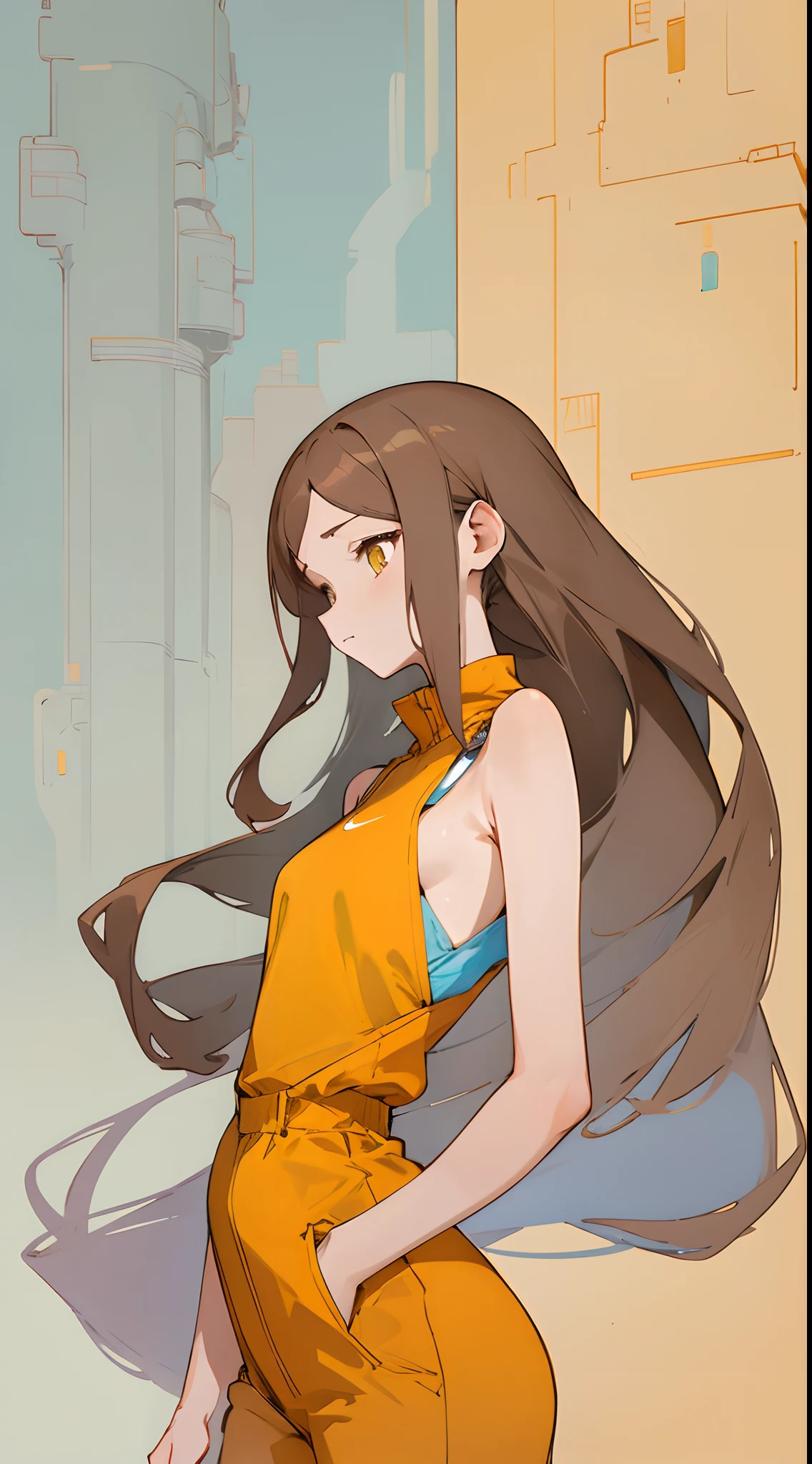 (masterpiece, best quality) detailed, 1Character , blue archive art style , pastel washed out colors , cell shade , soft, muted shades ,gentle colors ,
Fashion ad , wearing an ((orange nike jumpsuit:1)), sleeveless, high fashion, urban environment, big city , Beautiful woman , very long hair , dark brown hair , gold eyes , lean body , yellow under hair, expressive eyes, petite figure, age 26