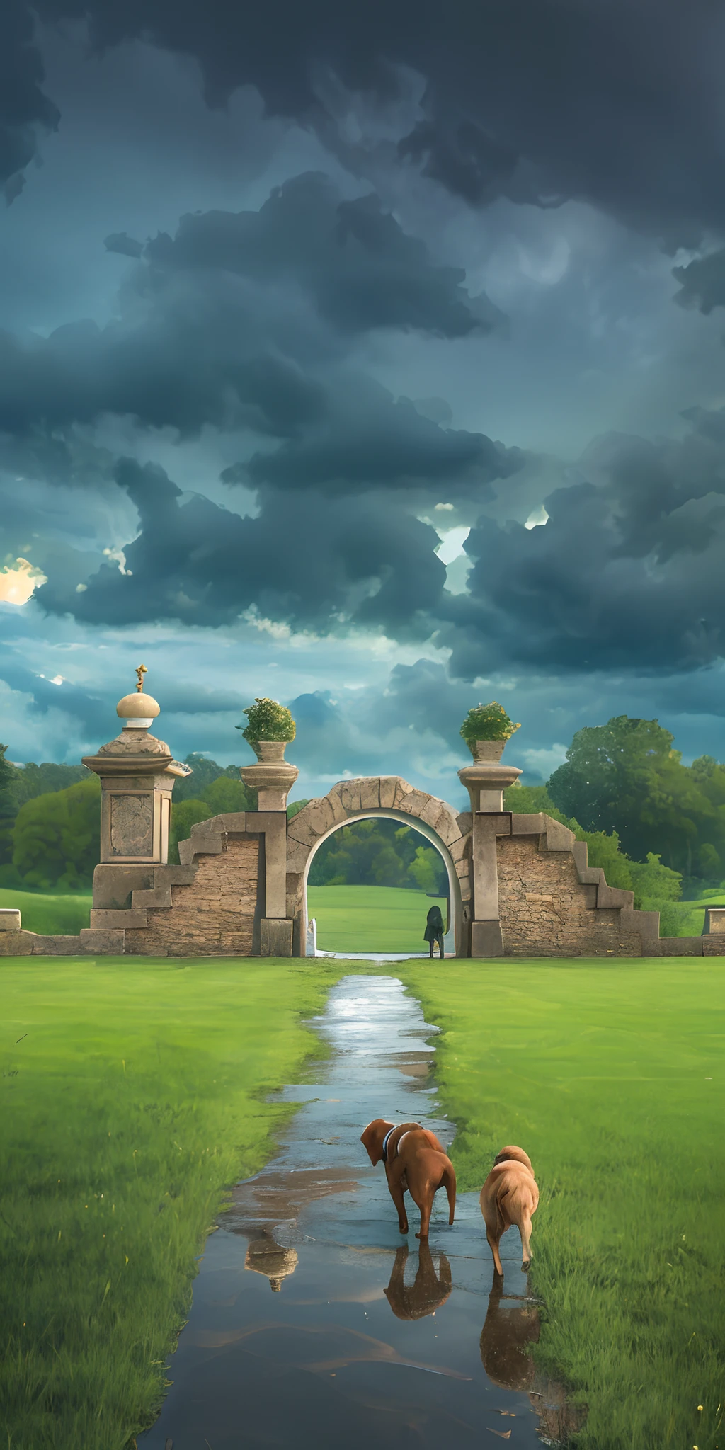 extremely detailed, 8k, HDR, stone square, on the square a portal is a gateway to another world, a human traveler with a dog are standing in front of the gate, a stormy sky, clouds are thickening, it is raining and there are puddles, outside the gate the bright sun and green grass --auto --s2