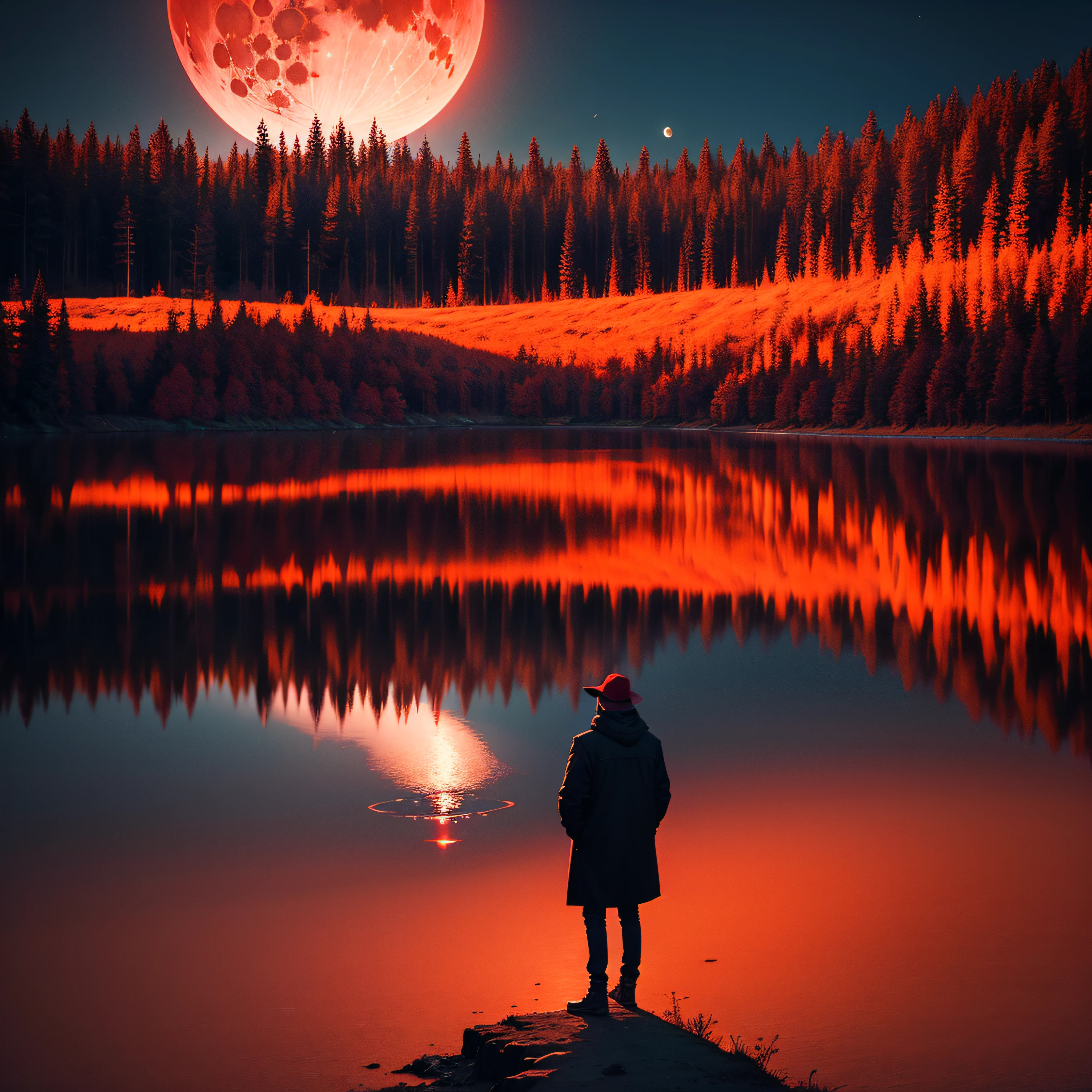 A shadow standing on a red lake with a big blazing moon behind it