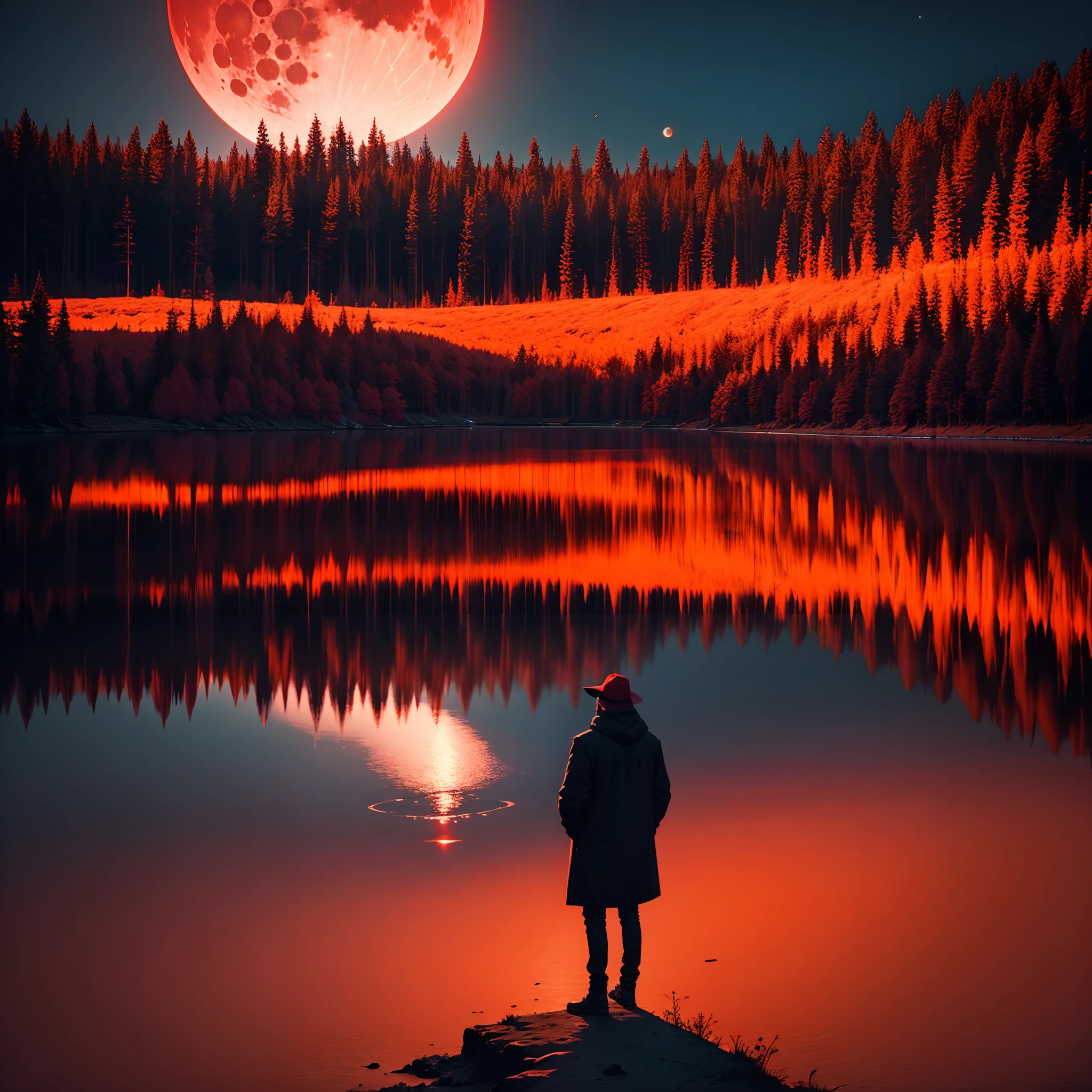 A shadow standing on a red lake with a big blazing moon behind it